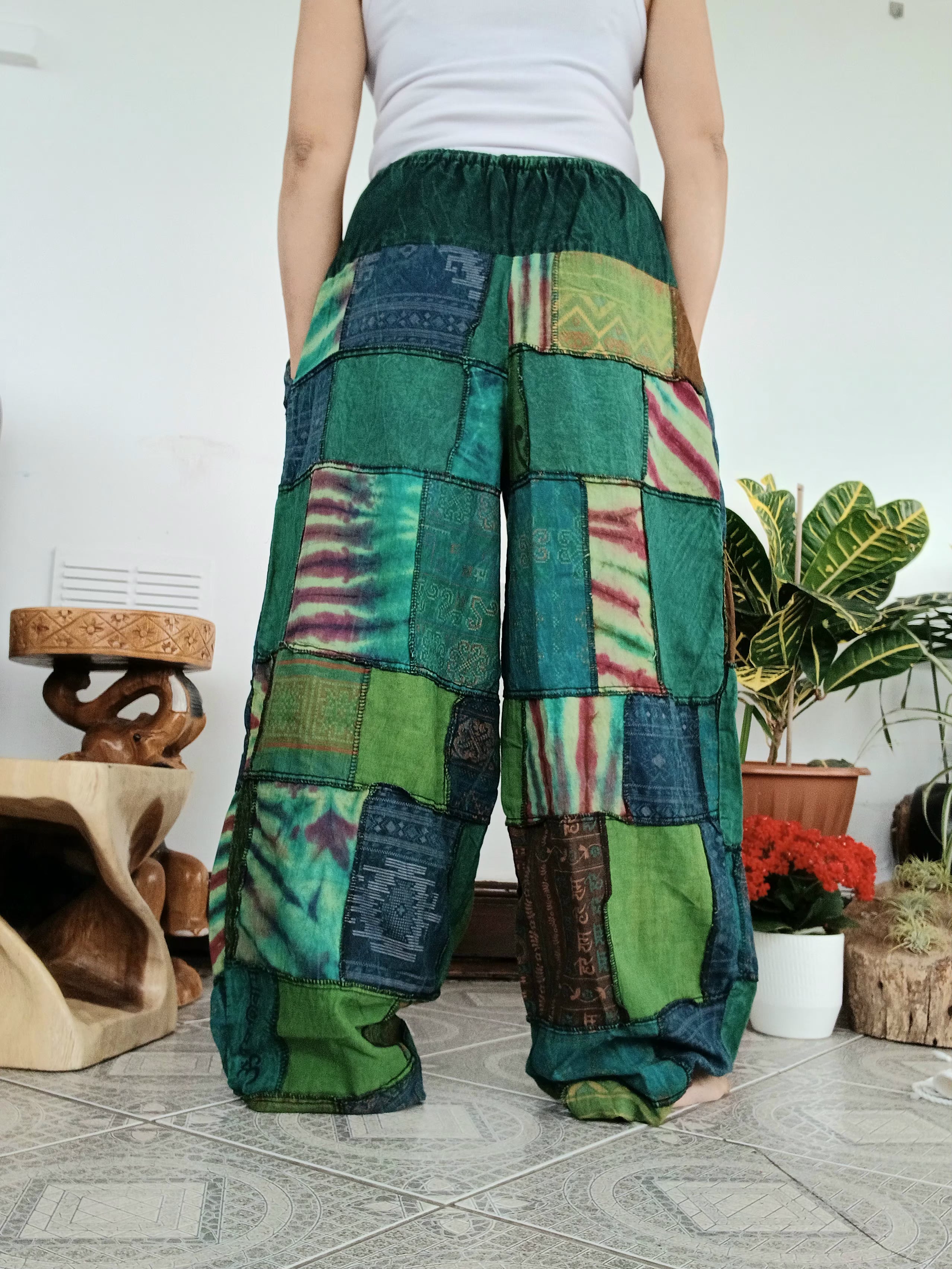Cotton stonewash Emerald tones patchwork Boho baggy loose-fit trousers joggers harem hippie pants for unisex