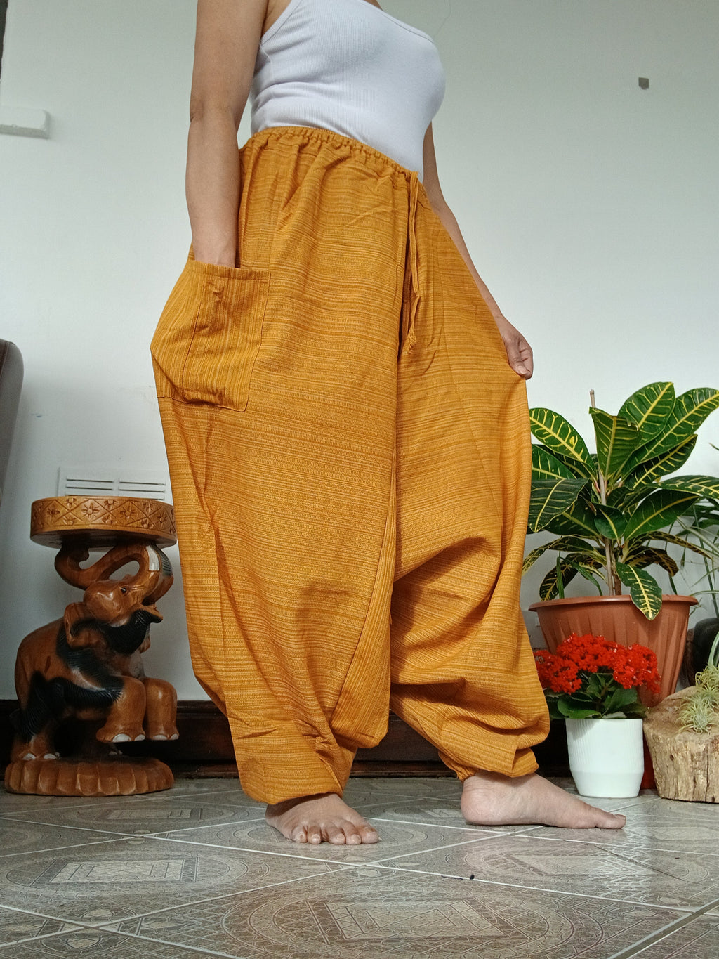 Cotton yellow Boho hippie Harem pants baggy relaxed fit yoga meditation festivals trousers for unisex