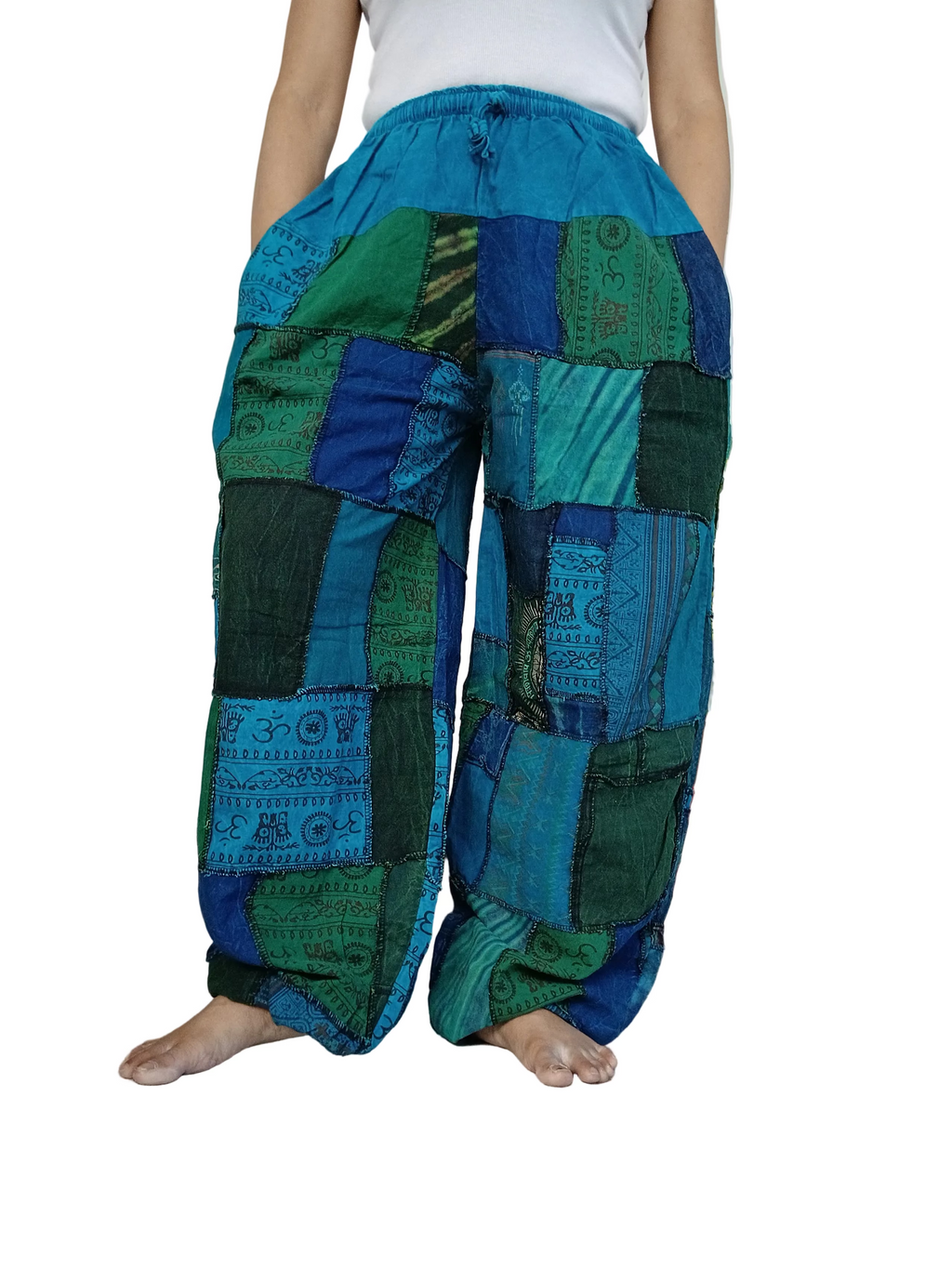Blue green tones stonewash unique patchwork baggy boho harem pants hippie loose-fit trousers joggers