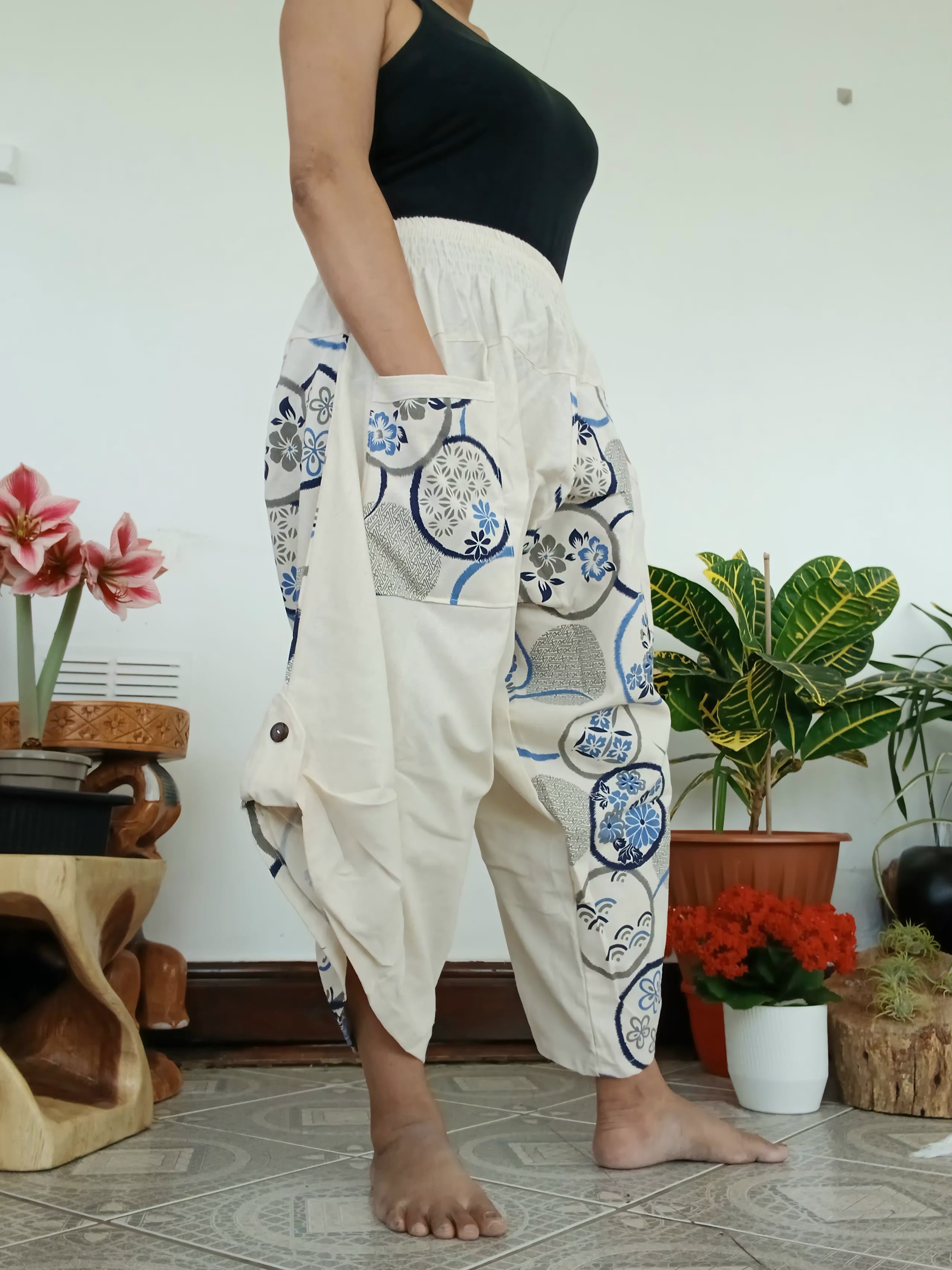 White cream Boho harem pants relaxed fit yoga meditation Aladdin trousers one size
