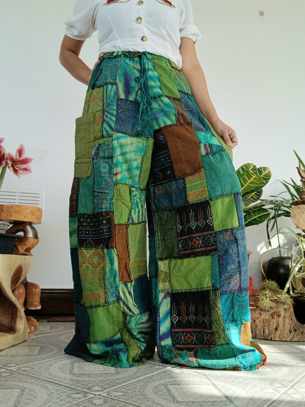 Green Earthy patchwork wide leg Boho Palazzo Harem Pants baggy hippie trousers fit 8-12