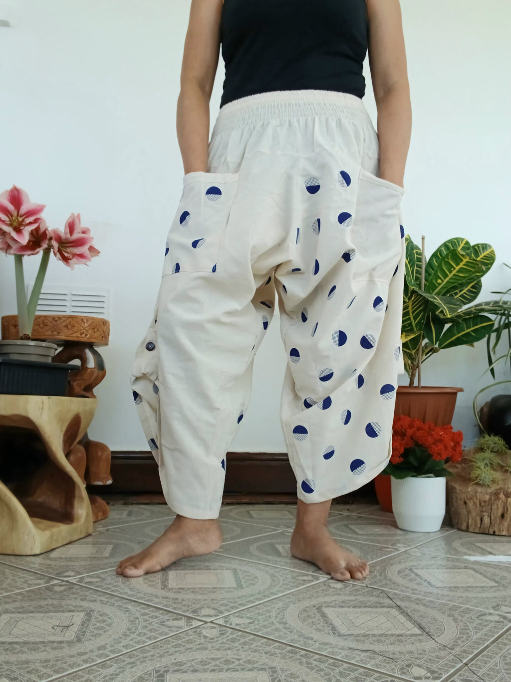 White Cream Polka Dot Ninja Samurai Style Harem Pants wide leg relaxed fit Boho trousers one size