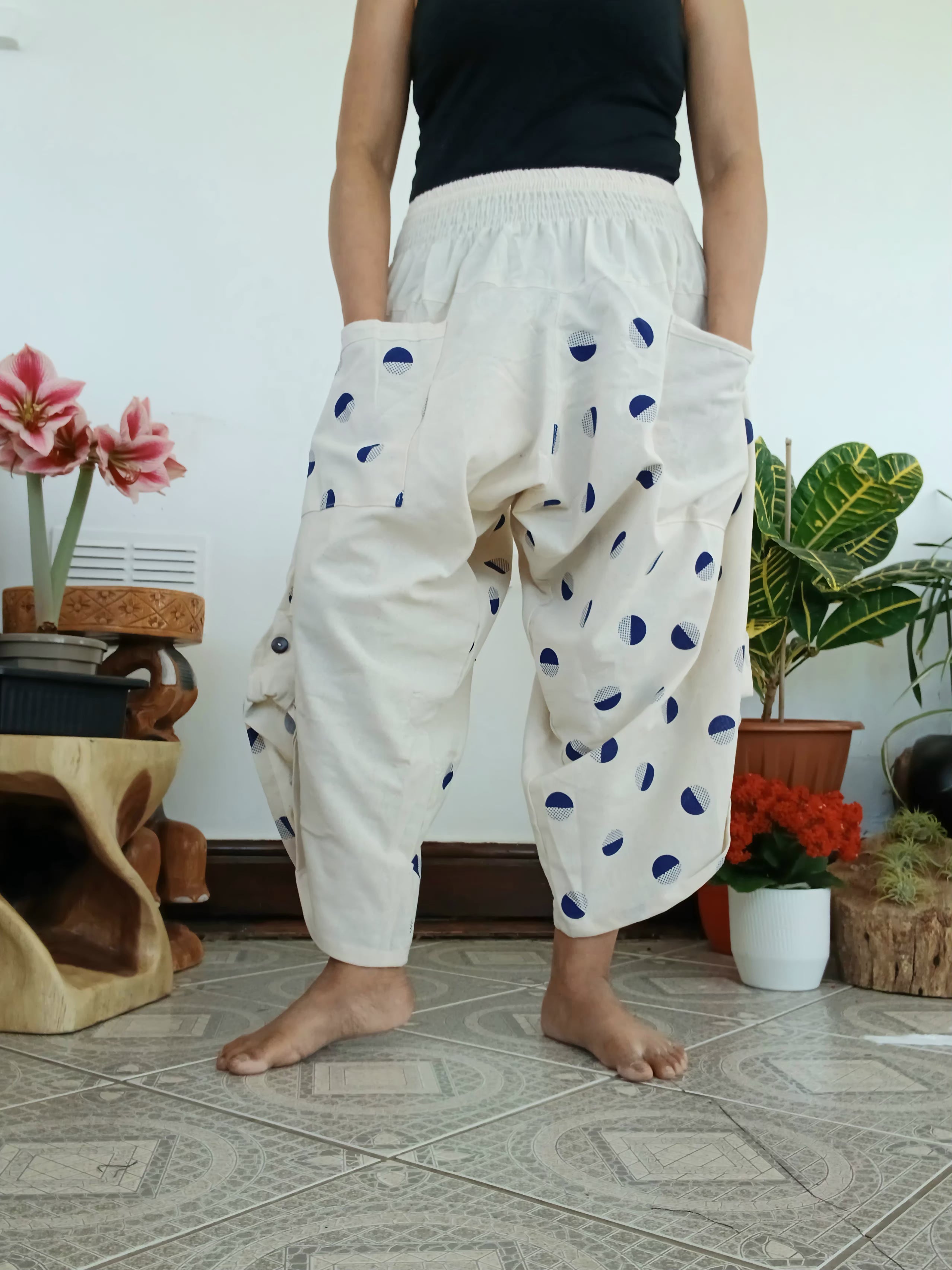 White Cream Polka Dot Ninja Samurai Style Harem Pants wide leg relaxed fit Boho trousers one size