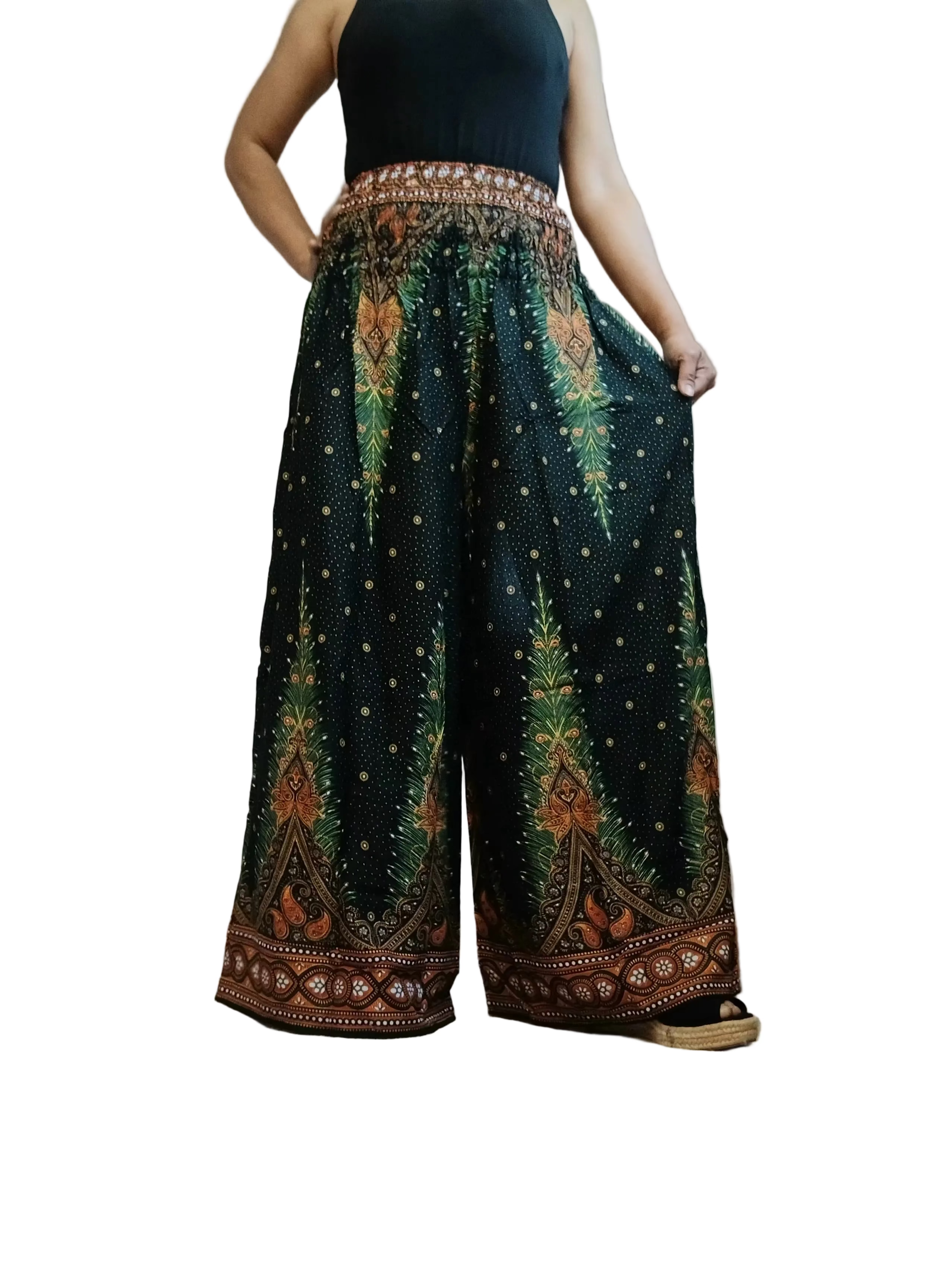 Darkgreen Boho High-Waisted trousers wide-leg elegant flowy harem pants