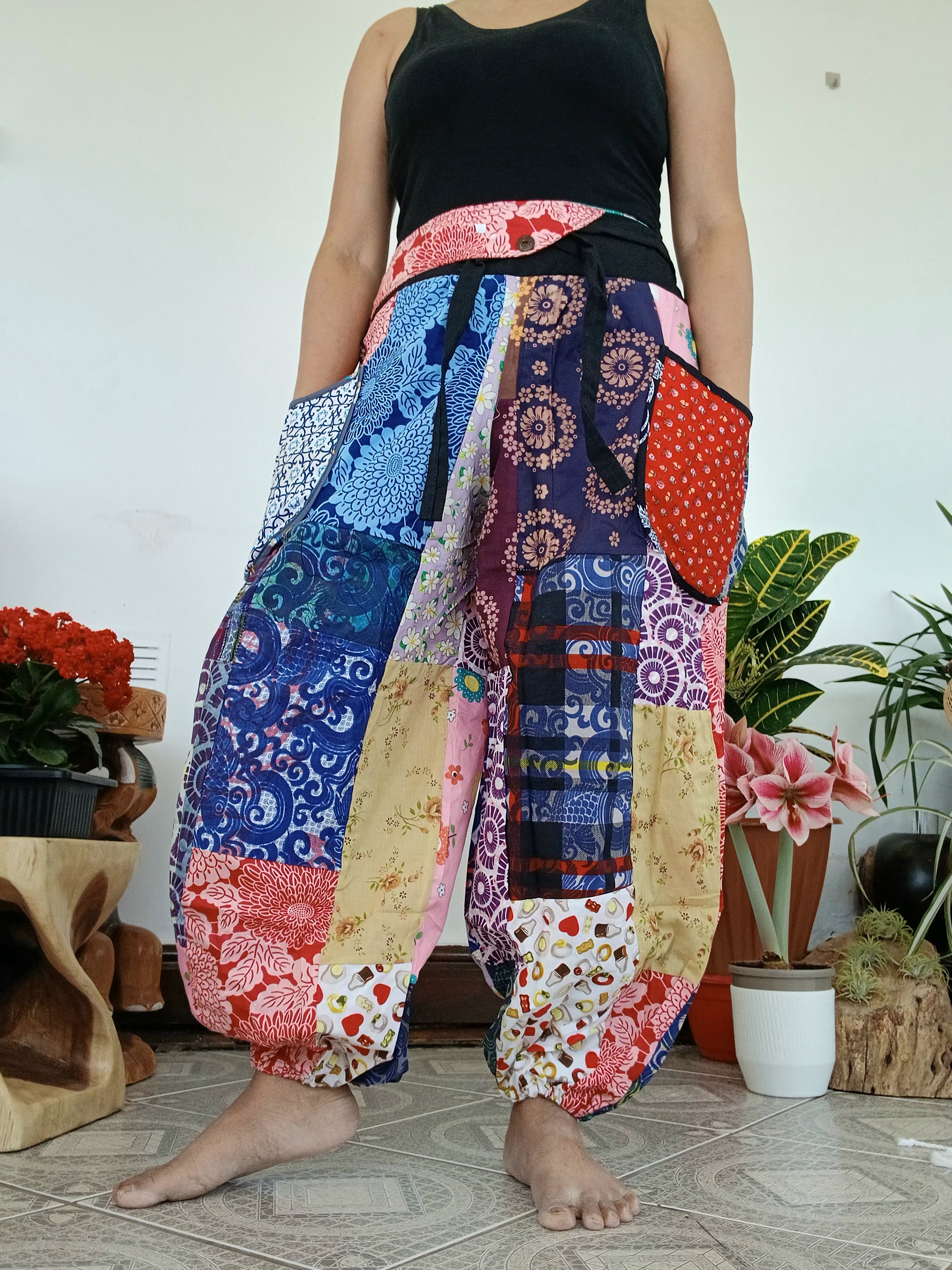 Multicoloured patchwork Boho baggy harem pants hippie baggy relaxed fit trousers one size fit 8-10-12