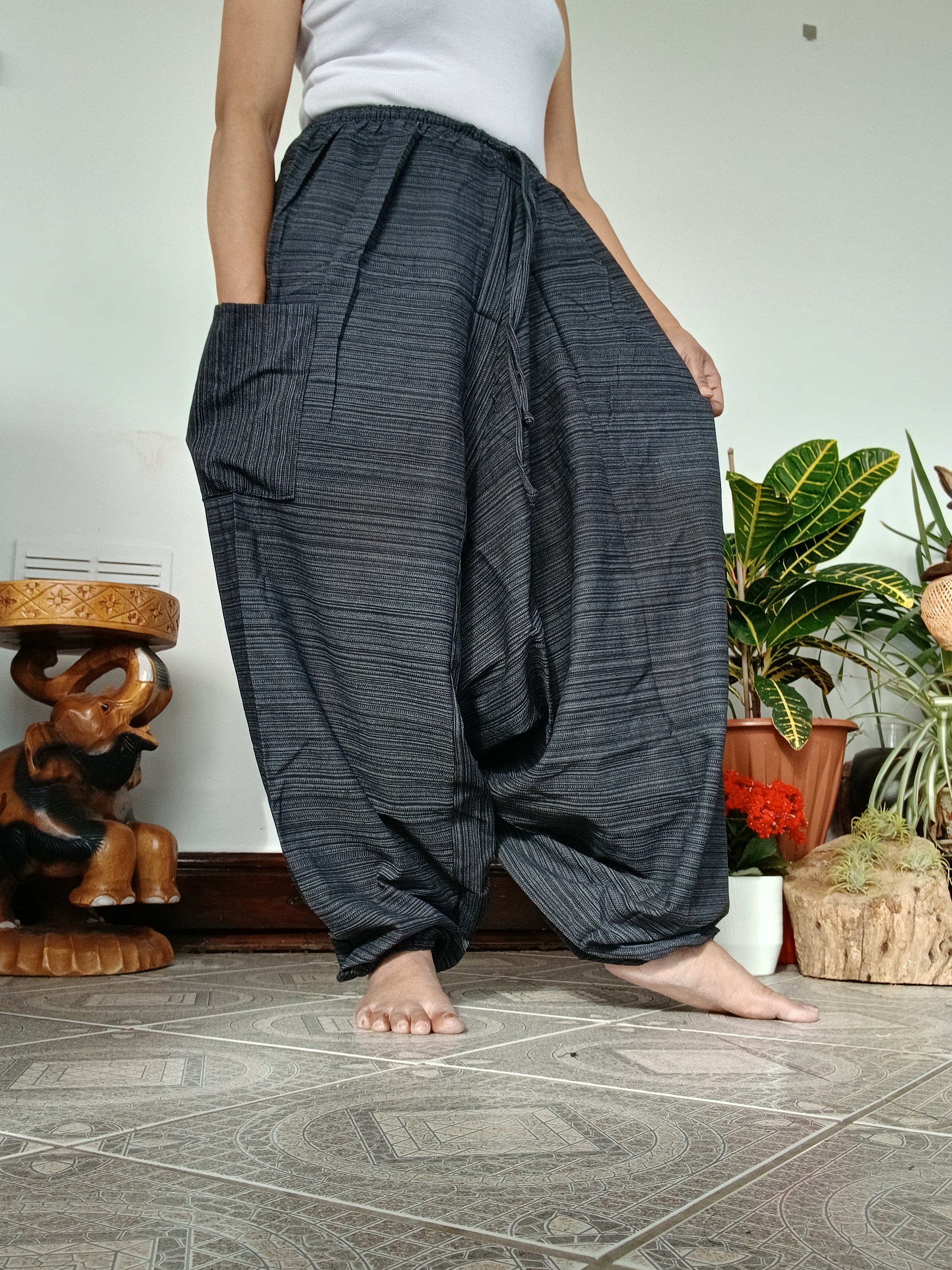 Unisex black cotton wide leg harem pants hippie baggy Boho relaxed fit meditation yoga trousers
