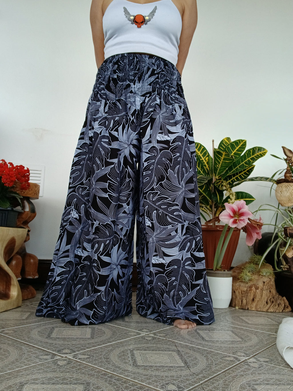 Black Tropical Leaf Wide-Leg Palazzo Harem Pants Boho high-waisted trousers one size
