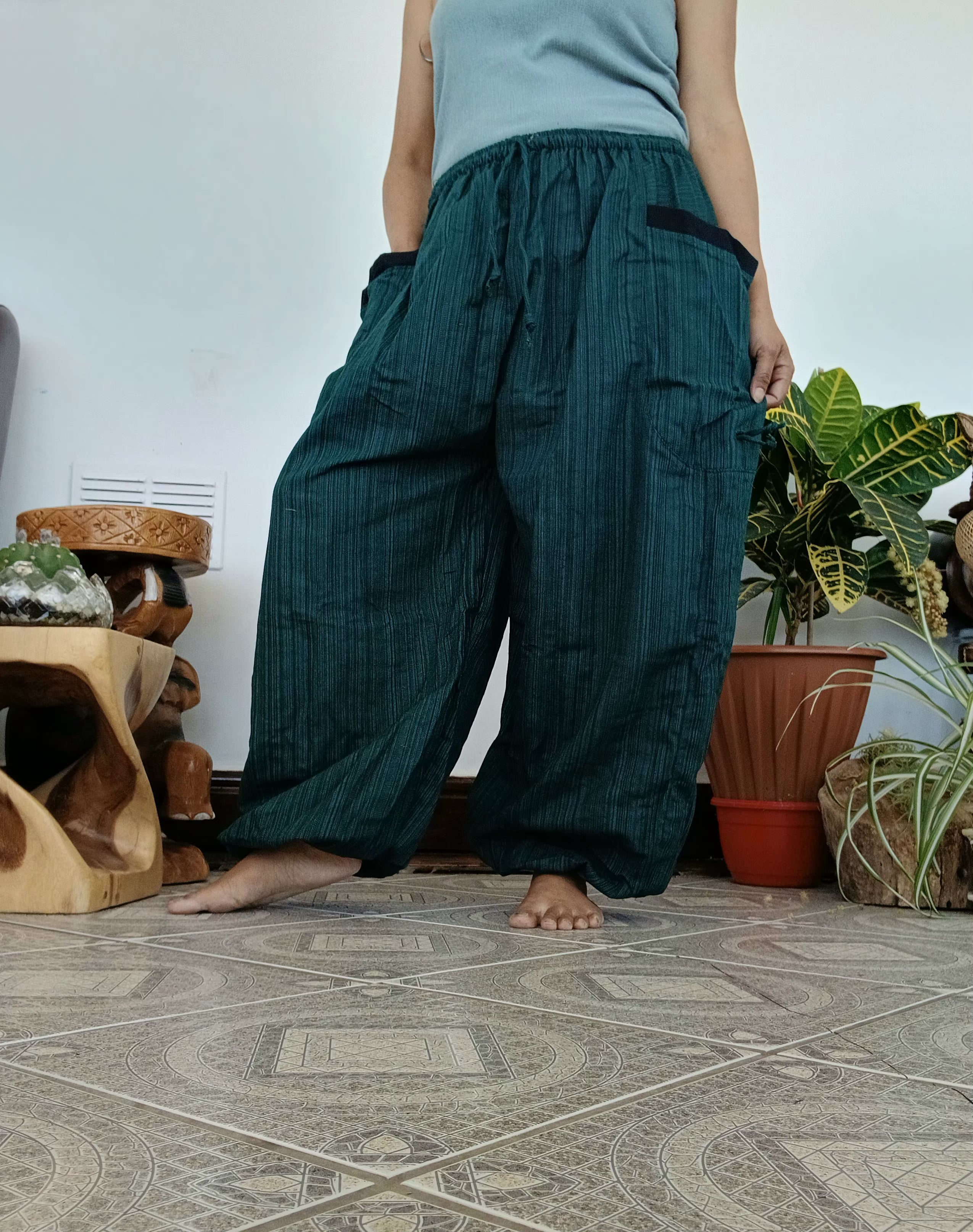 Cotton plain darkgreen baggy relaxed fit harem pants Boho with large side pockets One size fit 8-10-12