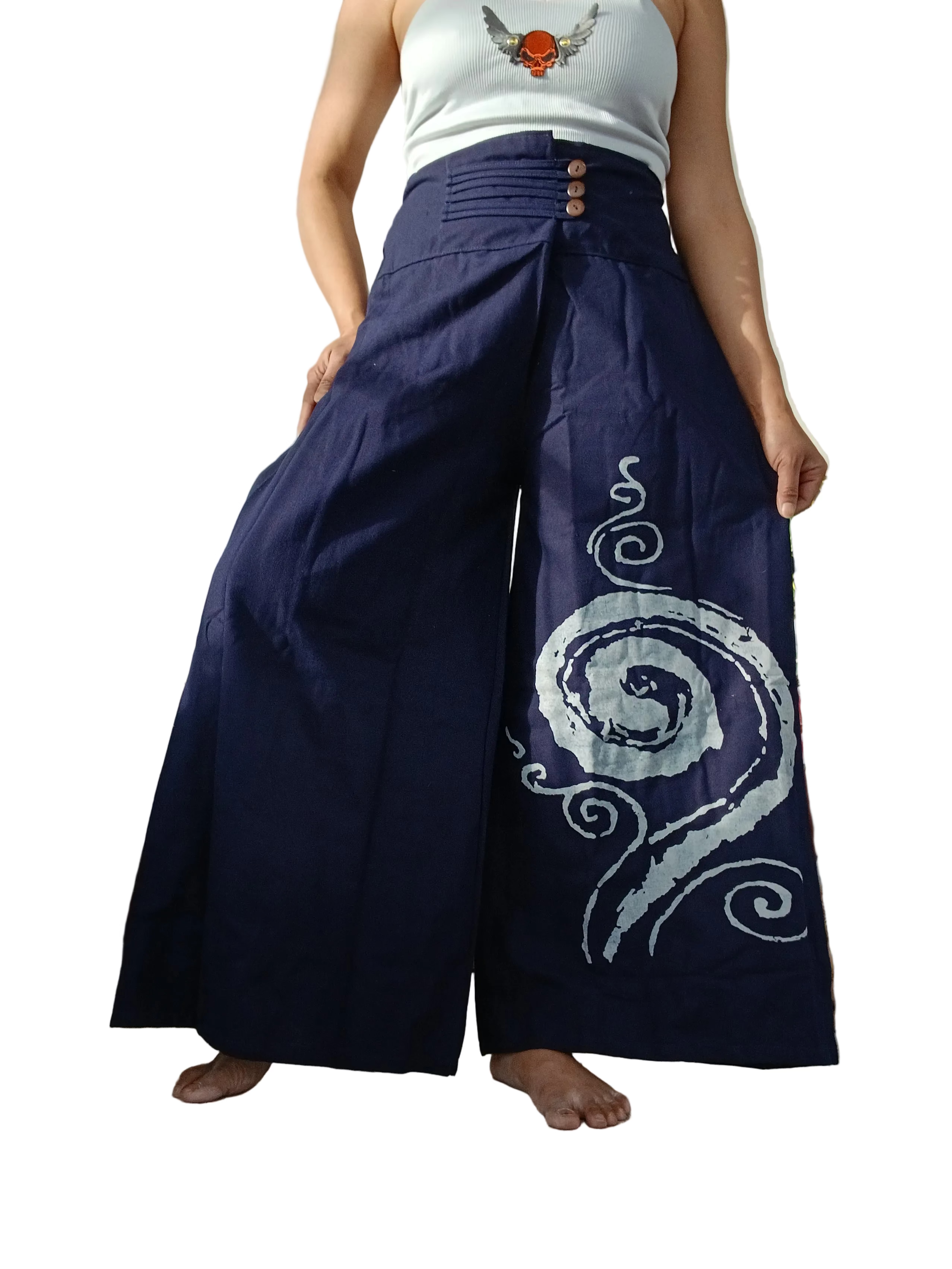 Blue navy cotton baggy wide leg elegant flowy trousers  Boho High-Waisted pants One size fits 8-10-12