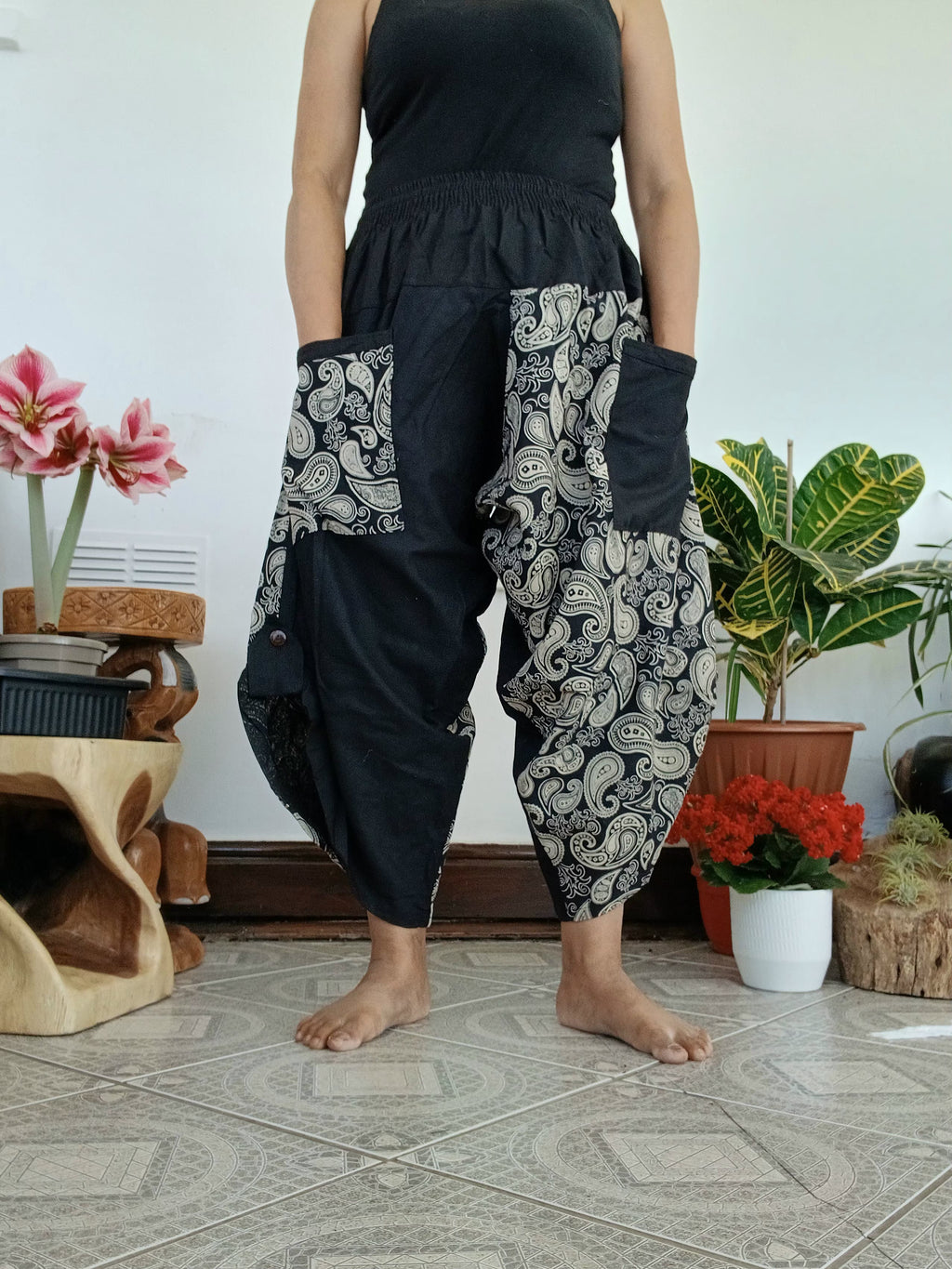 Black cotton paisley-print Ninja Samurai Style harem Pants hippie Boho loose-fit trousers