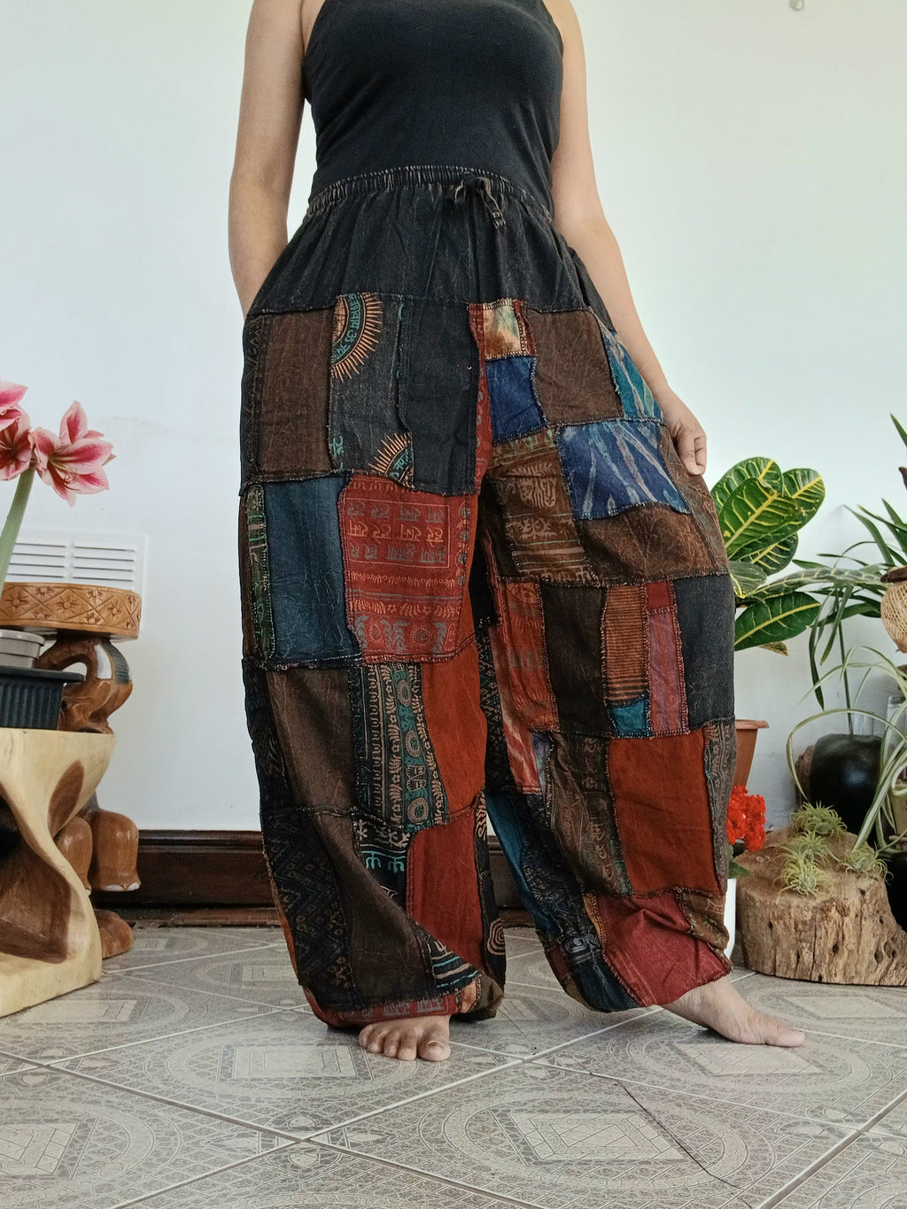 Unisex Stonewash patchwork Boho hippie Harem Trousers relaxed fit Lounge Pants One size fits 8-14