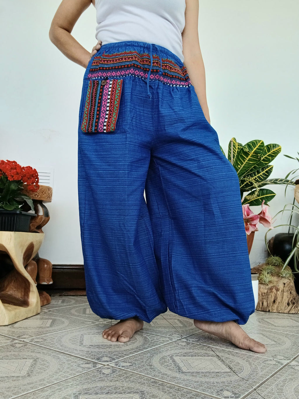 Cotton blue Boho hippie Harem Pants baggy relaxed fit trousers with Ethnic Pocket – Size S–L