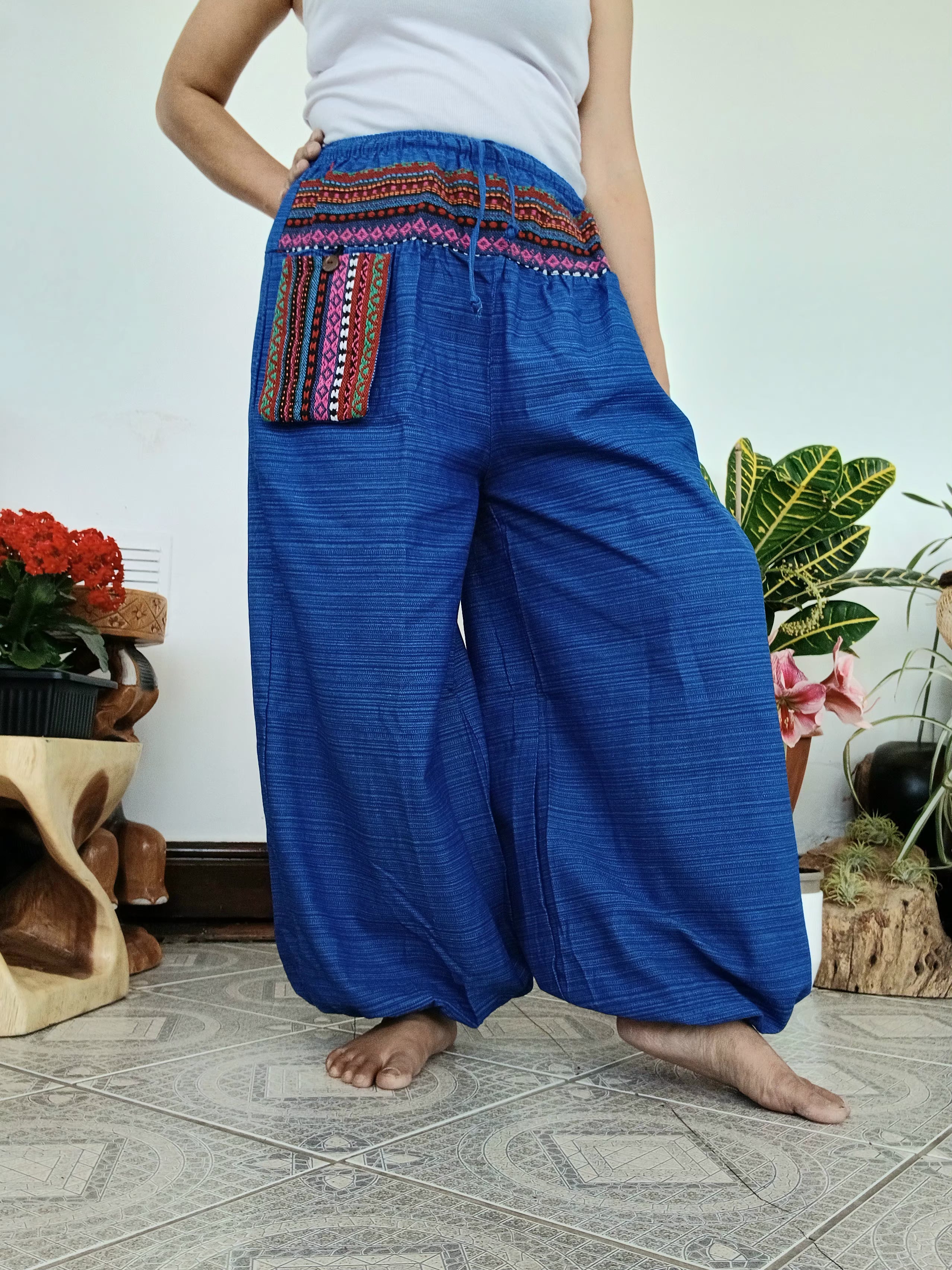Cotton blue Boho hippie Harem Pants baggy relaxed fit trousers with Ethnic Pocket – Size S–L
