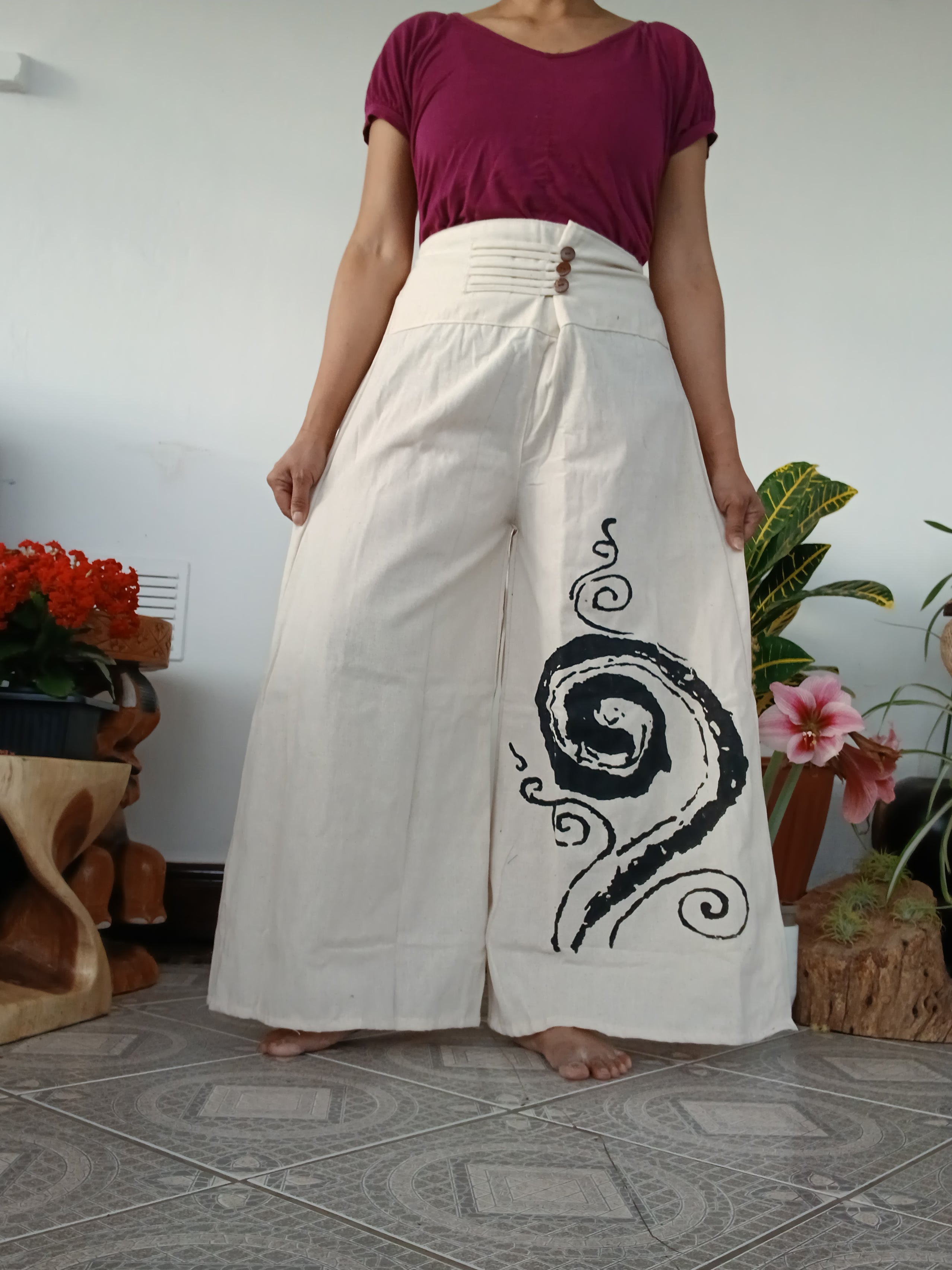 Cotton Cream with spiral print Boho wide-leg elegant culottes palazzo pants One size fits 8-10-12