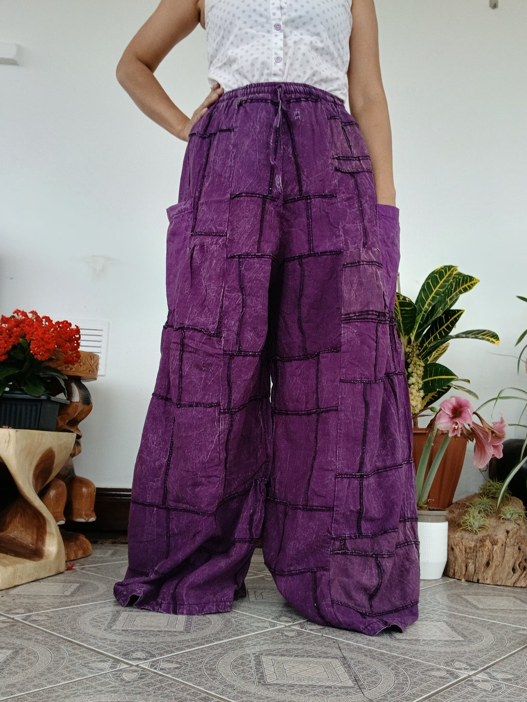 Cotton purple patchwork wide leg palazzo flowy trousers baggy hippie Boho pants One size fits 8-10-12