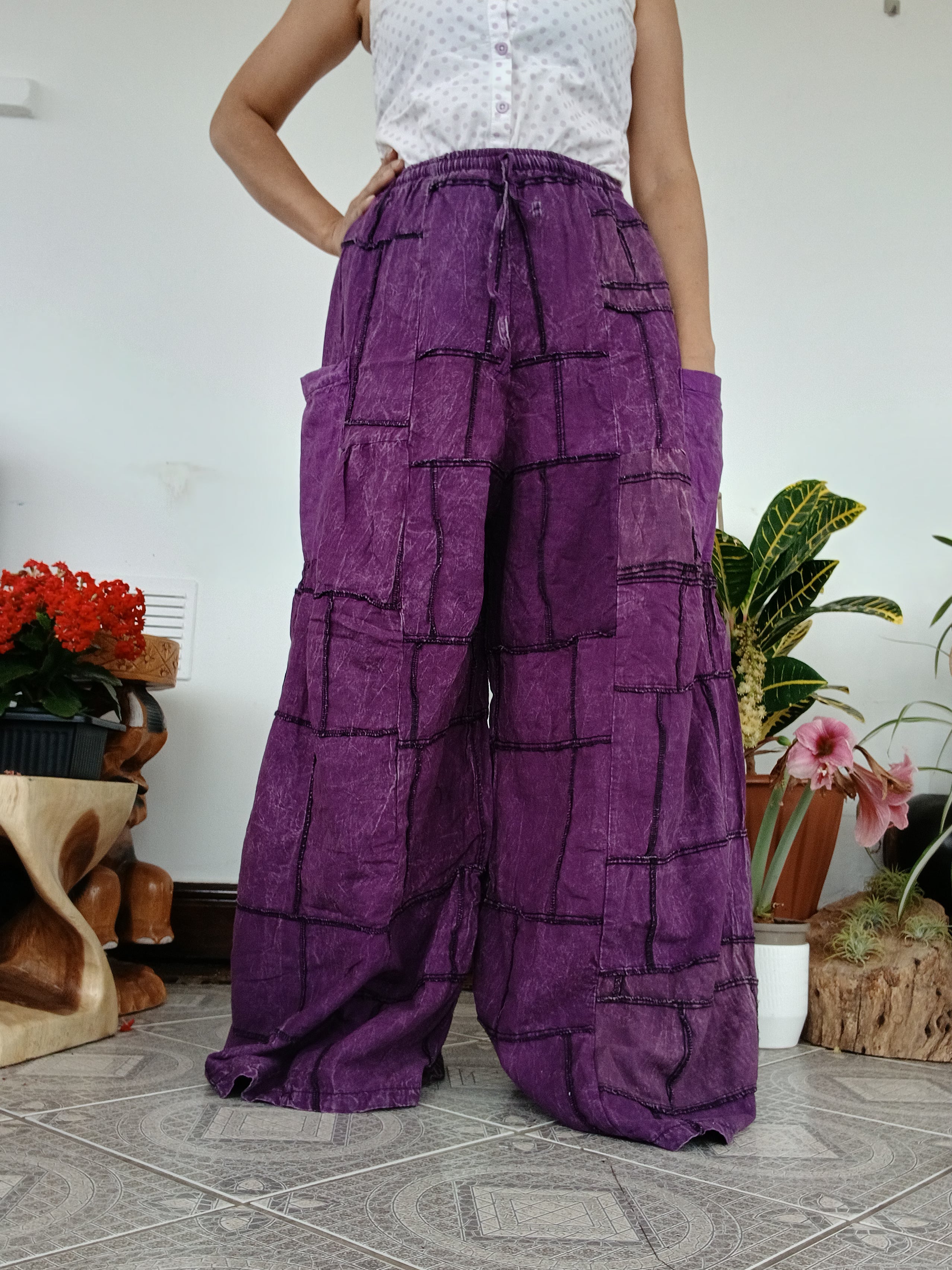 Cotton purple patchwork wide leg palazzo flowy trousers baggy hippie Boho pants One size fits 8-10-12