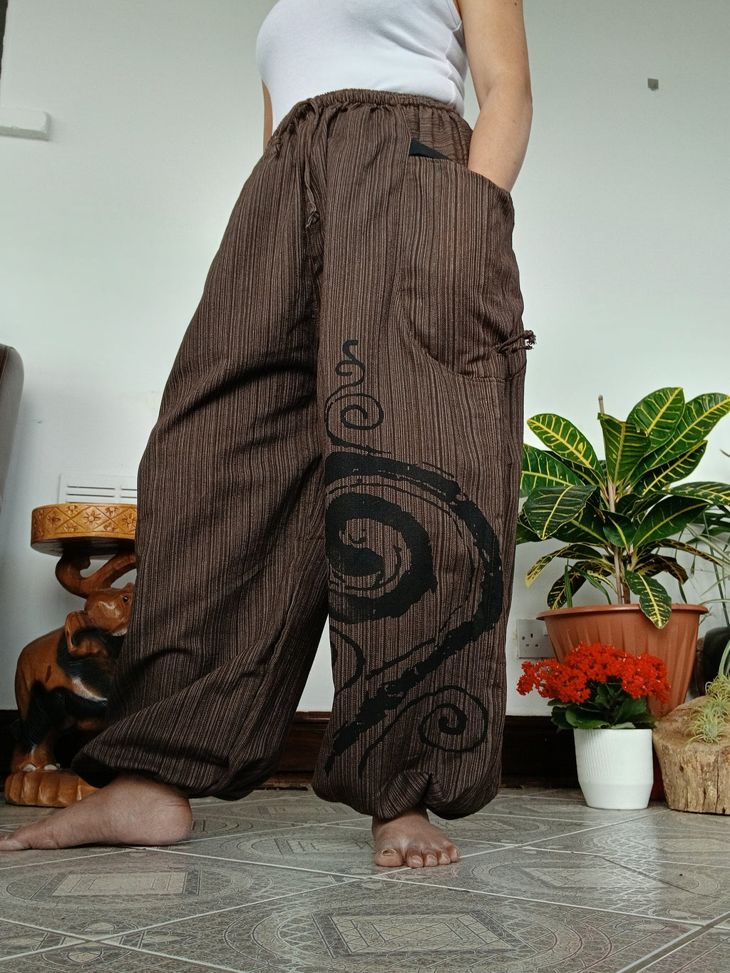Cotton brown baggy hippie Boho trousers joggers wide leg poofy  harem pants for unisex
