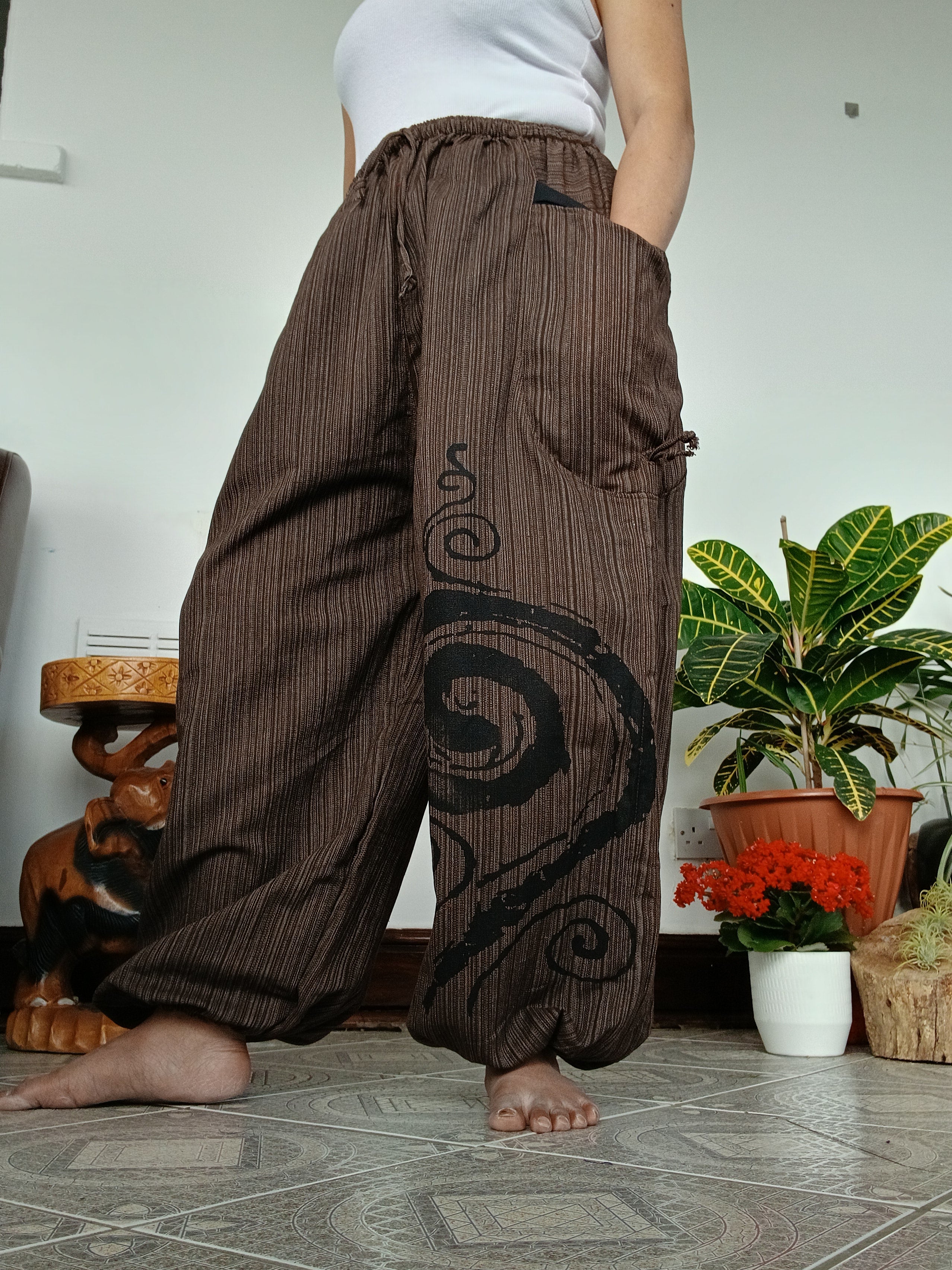 Cotton brown baggy hippie Boho trousers joggers wide leg poofy  harem pants for unisex