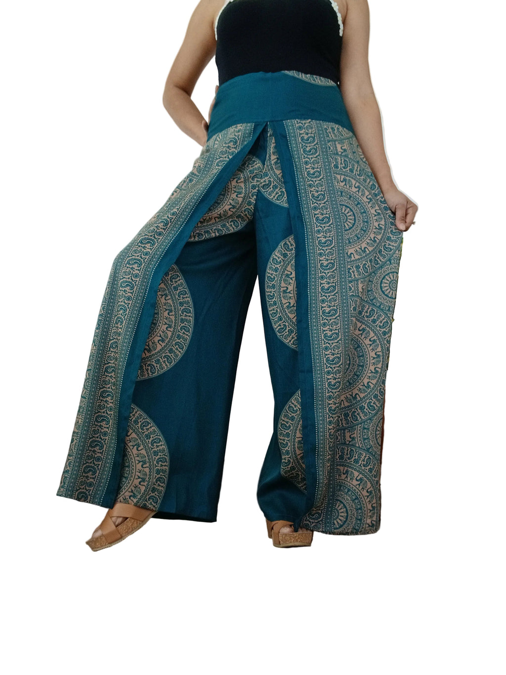 Darkgreen Boho High-Waisted harem pants wrap-around style summer festival trousers one size fit 8-10-12