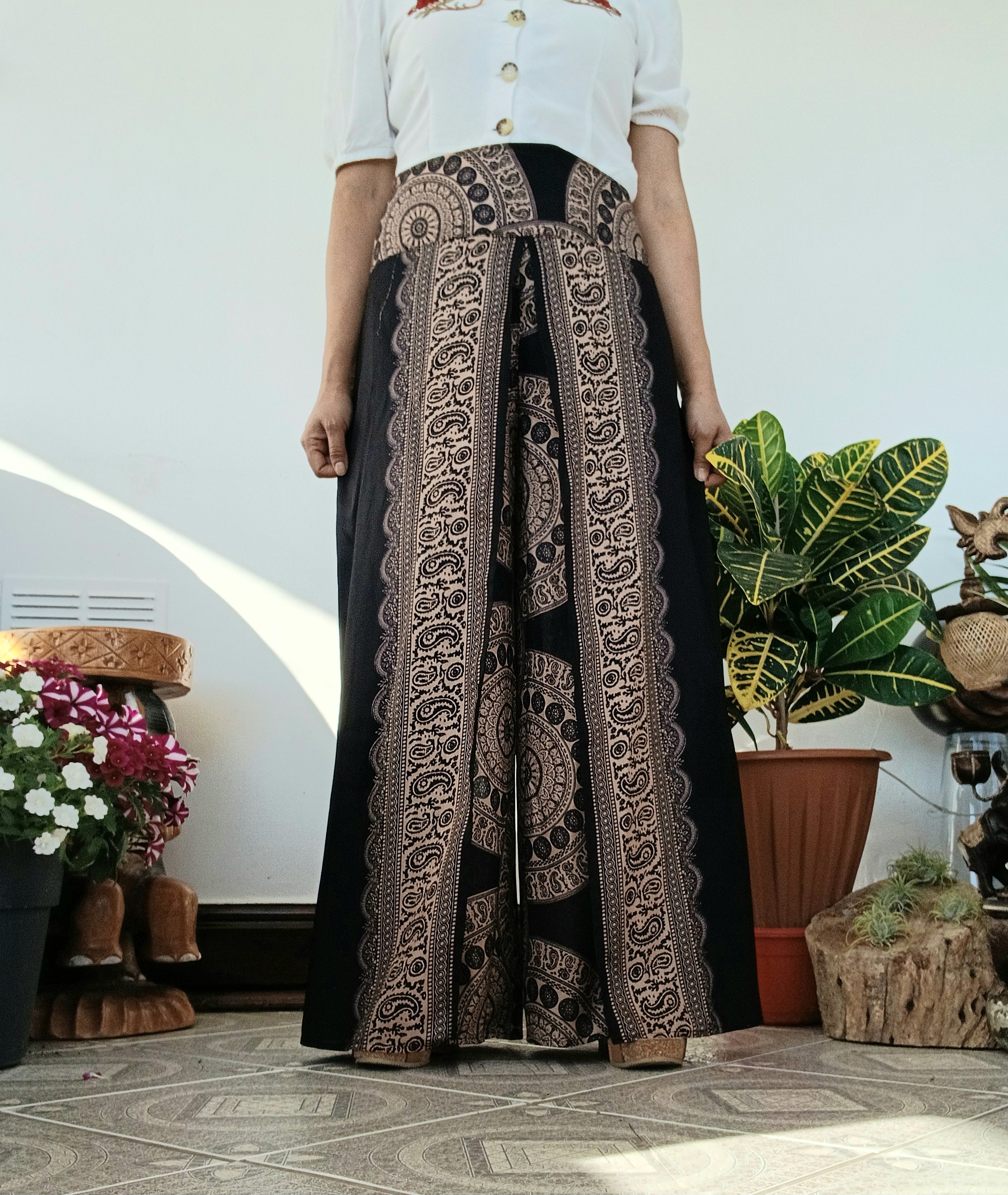 Black,beige Boho high-waisted wrap-around style summer holiday trousers elegant wide leg flowy harem pants One size fits 8-10-12