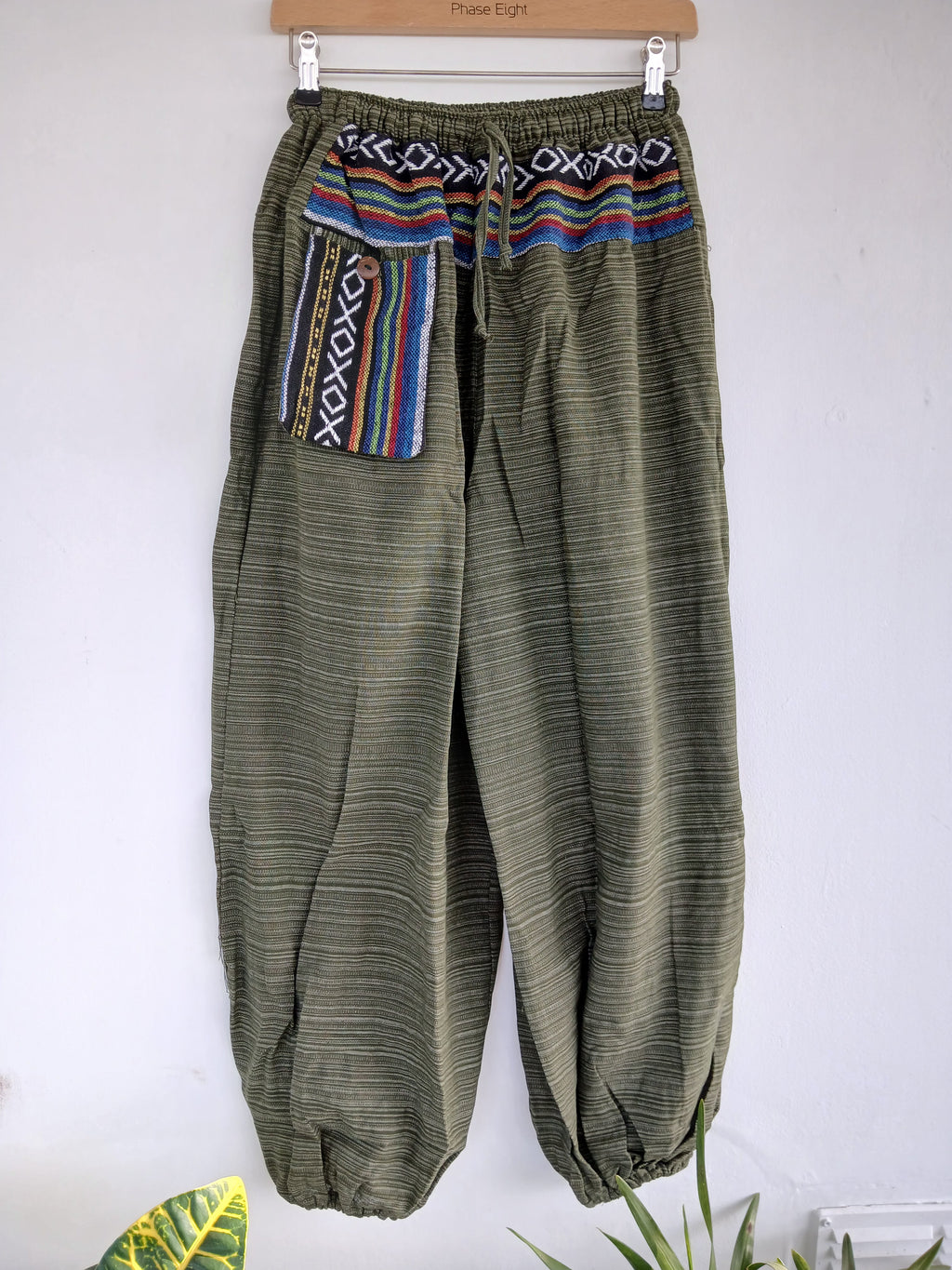 Boho Elasticated Harem Trousers Olive Green cotton woven