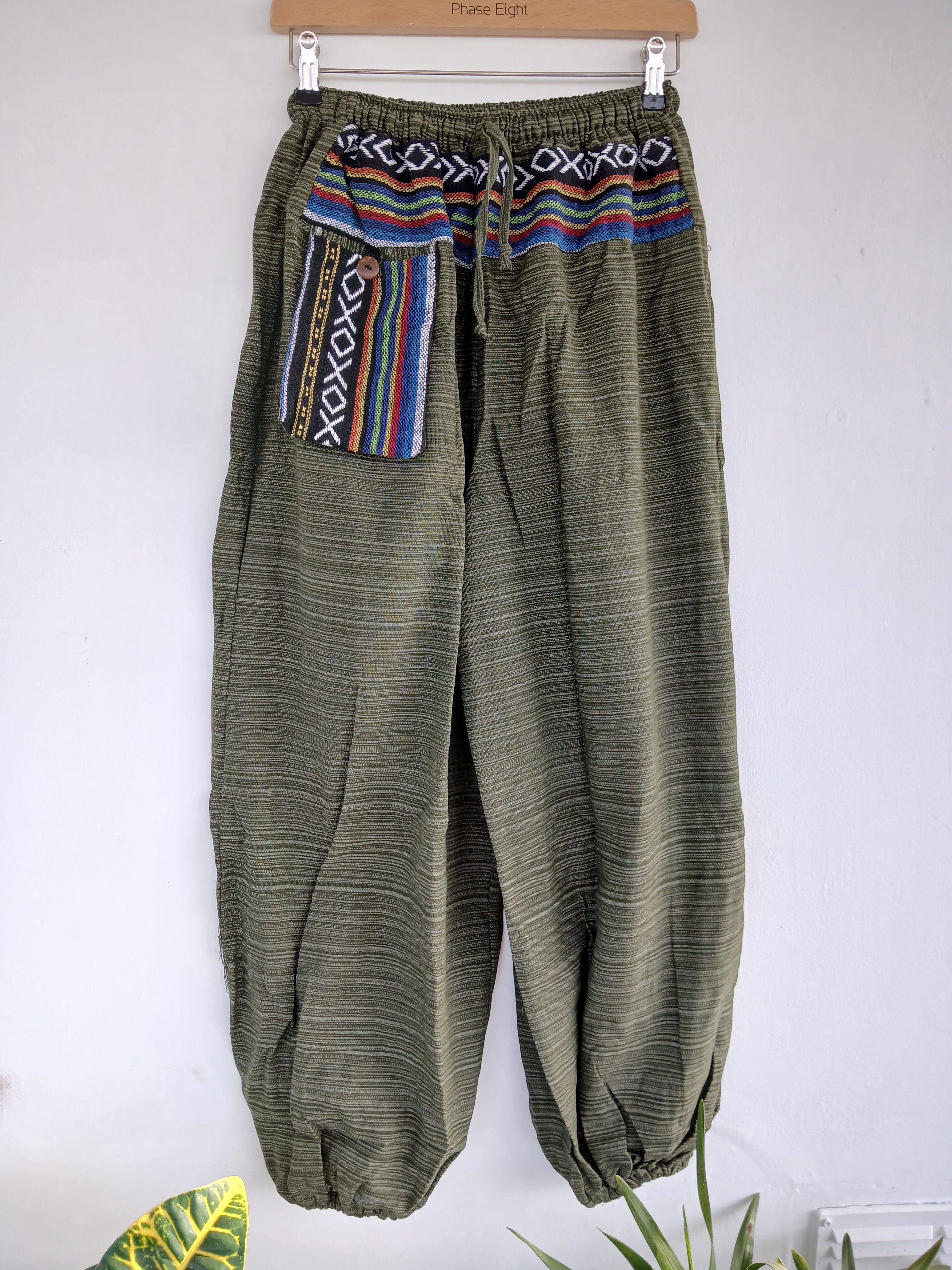 Boho Elasticated Harem Trousers Olive Green cotton woven