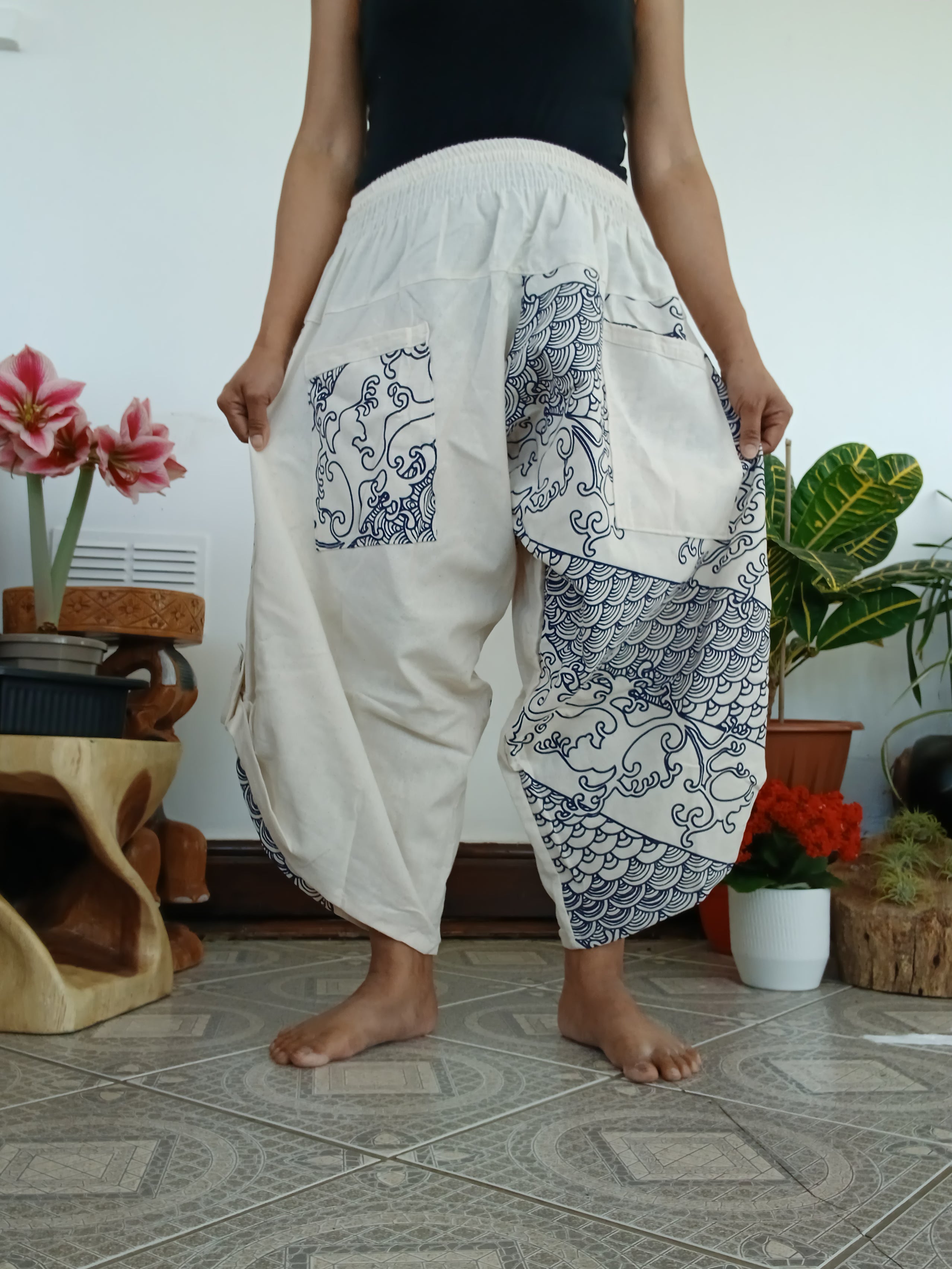 Cotton white cream harem boho pants Ninja Samurai Style trousers one size