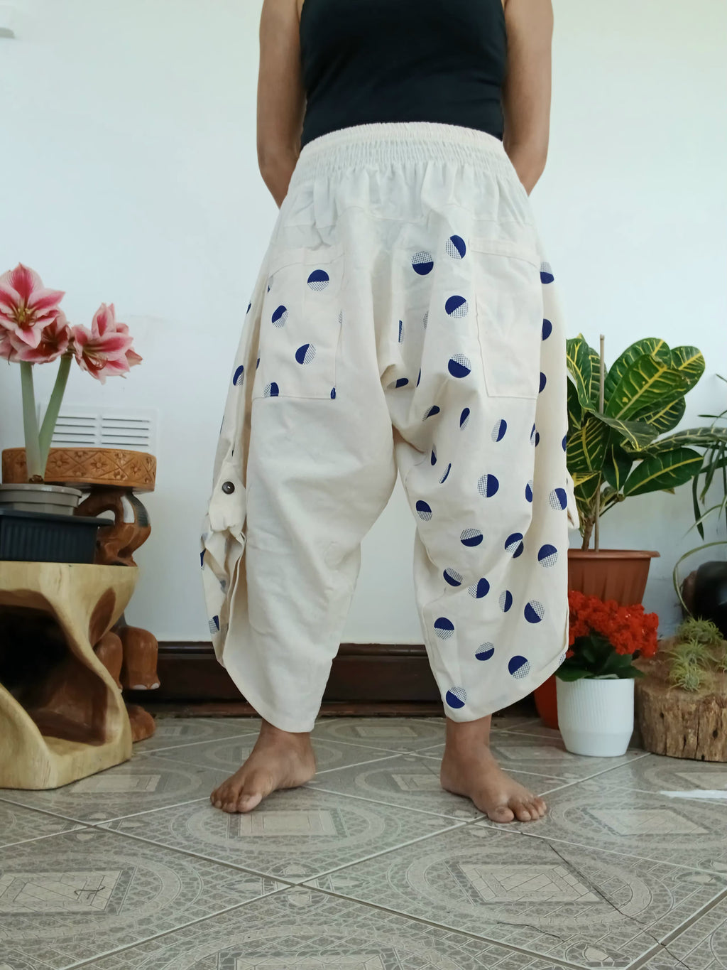 White Cream Polka Dot Ninja Samurai Style Harem Pants wide leg relaxed fit Boho trousers one size