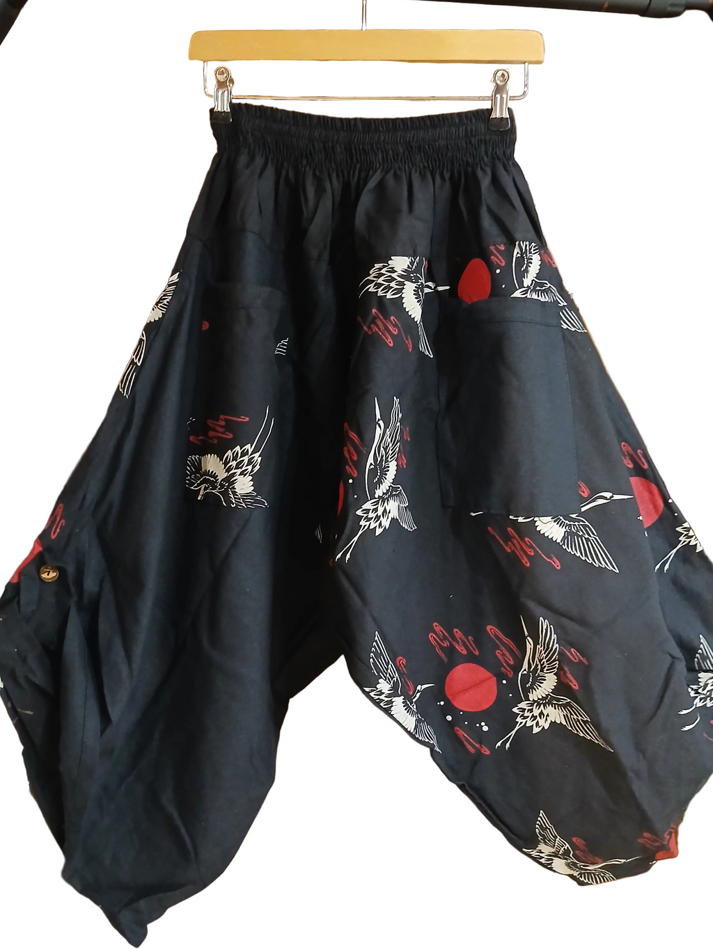 Black Crane Print Balloon boho hippie Trousers harem wide leg pants One size