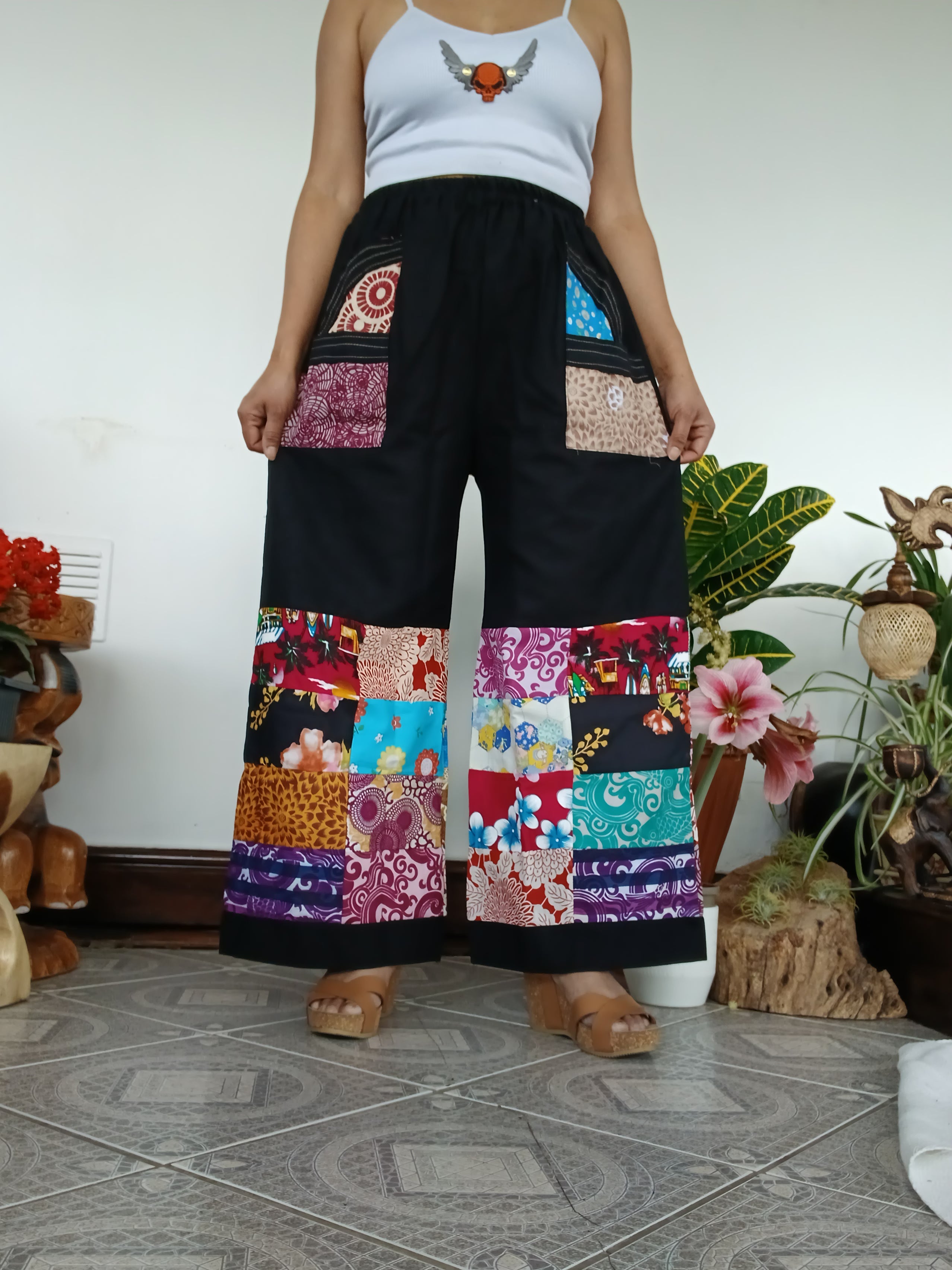 Handmade Black Multicolour Harem Pants Unique Random Patchwork Hippie Trousers