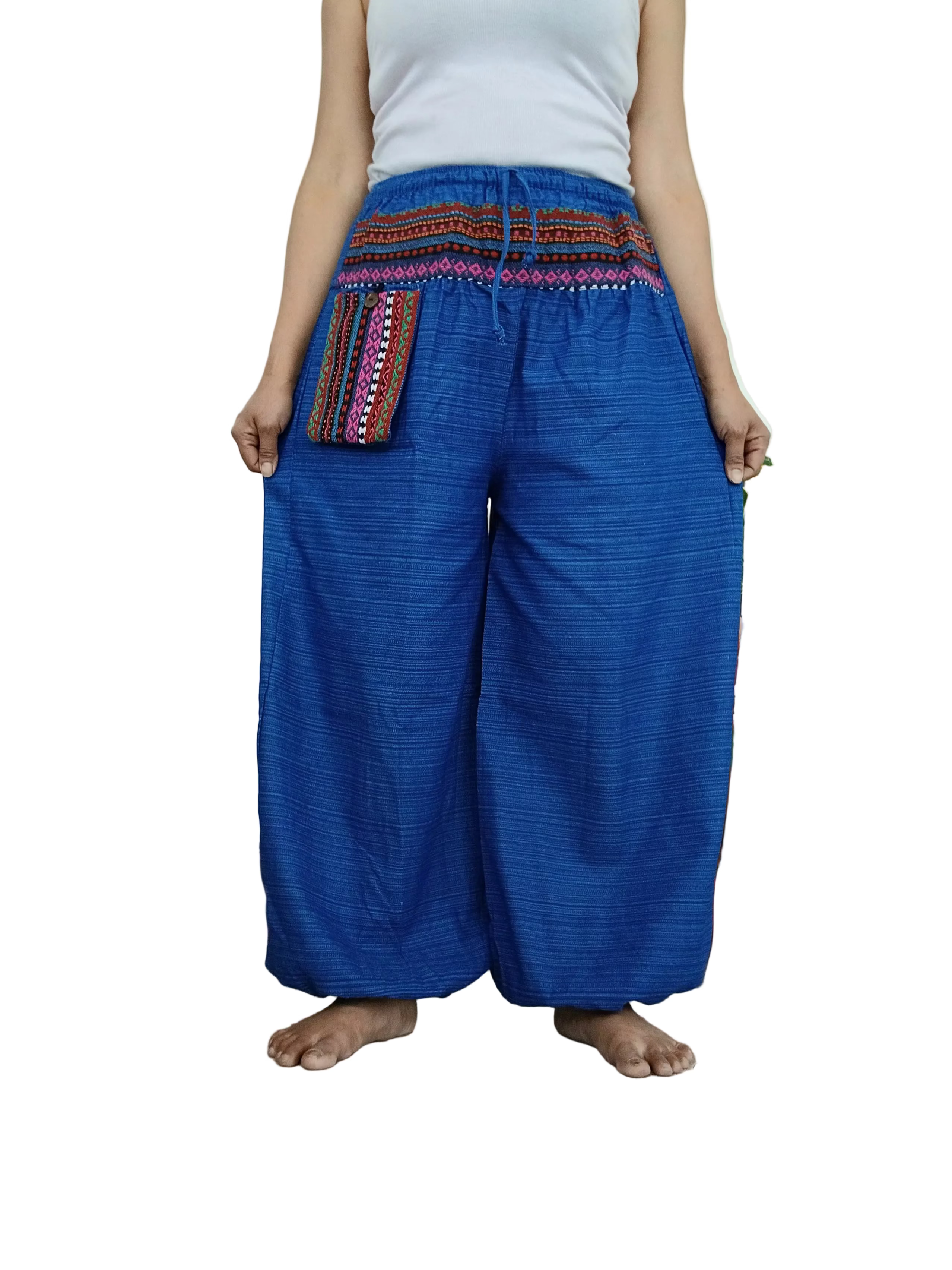 Cotton blue Boho hippie Harem Pants baggy relaxed fit trousers with Ethnic Pocket – Size S–L