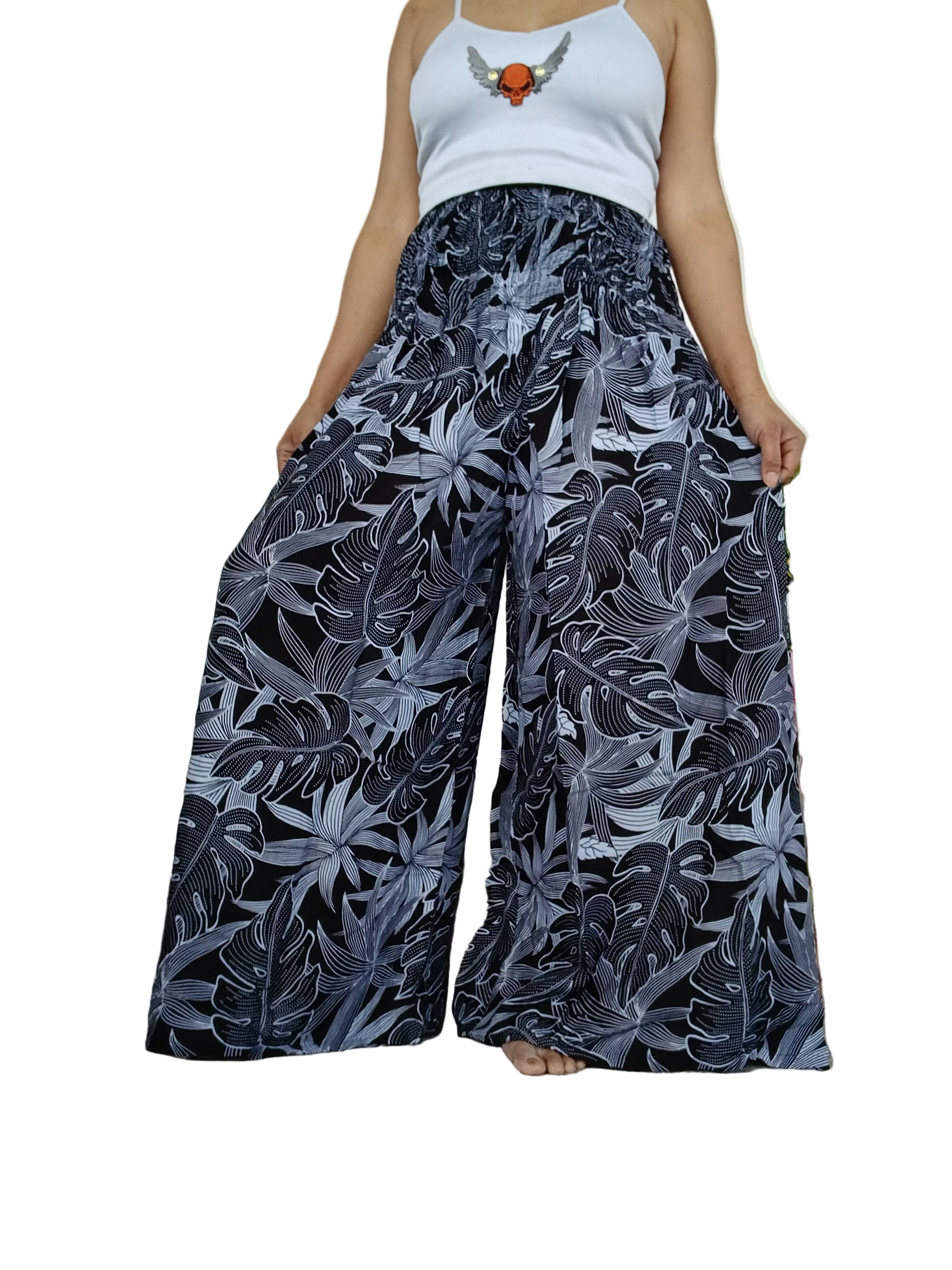 Black Tropical Leaf Wide-Leg Palazzo Harem Pants Boho high-waisted trousers one size