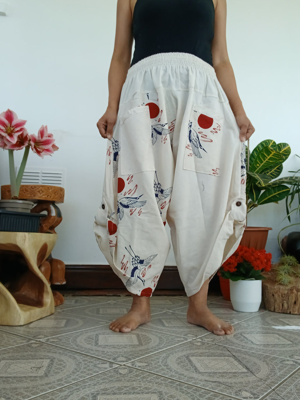 Cotton white Crane Japanese style boho harem pants wide leg hippie trousers one size fit 6-8-10