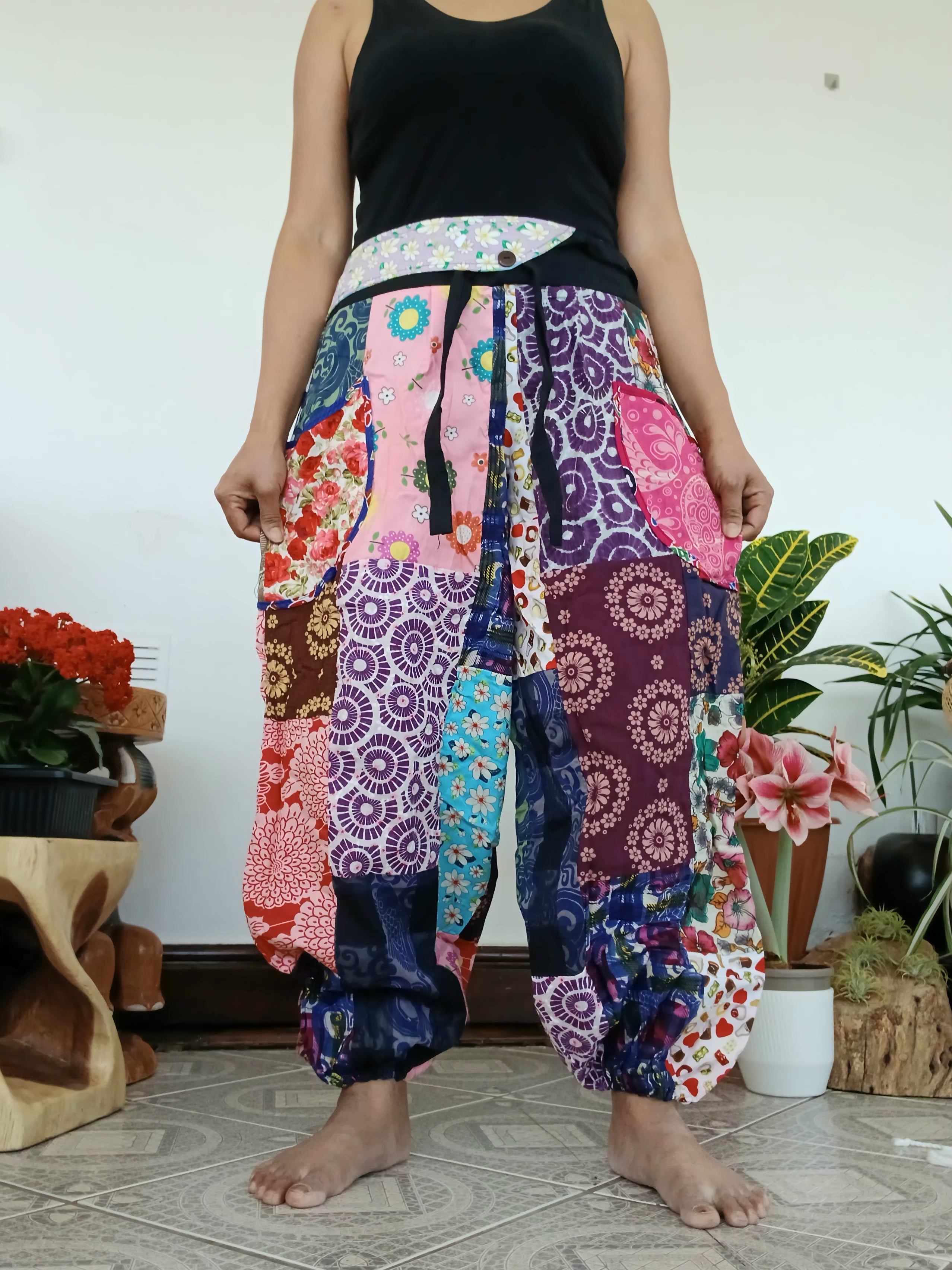 Multicoloured patchwork Boho baggy harem pants hippie baggy relaxed fit trousers one size fit 8-10-12