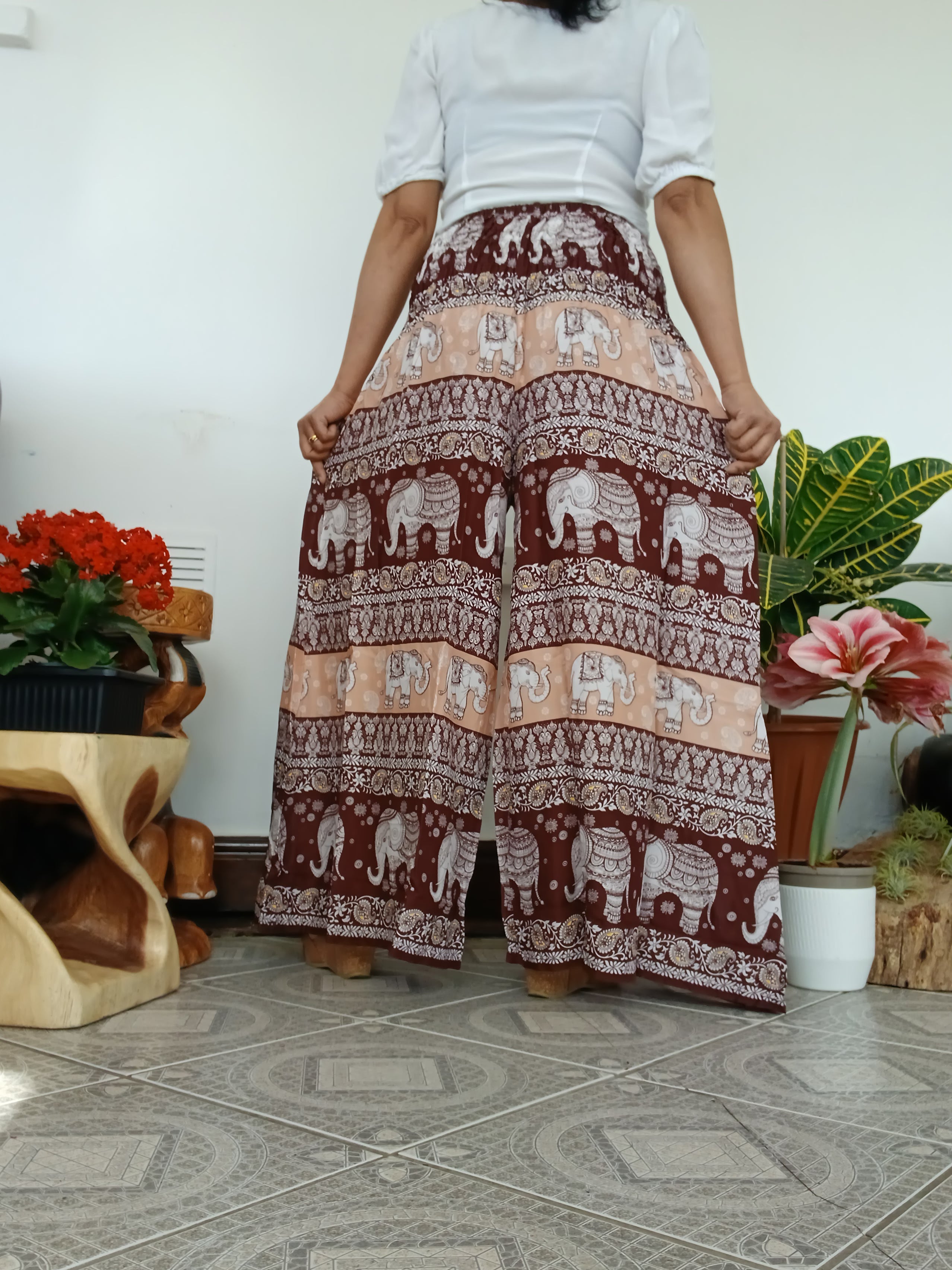 Brown elephant print wide leg elegant flowy high-waisted boho trousers Palazzo Harem Pants