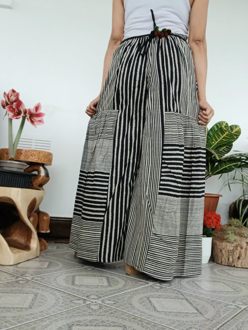 Black and white striped patchwork boho high-waisted trousers wide leg palazzo flowy harem pants One size fits 8-10-12