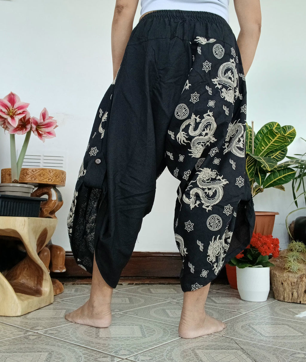 Black dragon print boho wide-leg culottes trousers relaxed fit yoga meditation pants One size fits 6-8-10