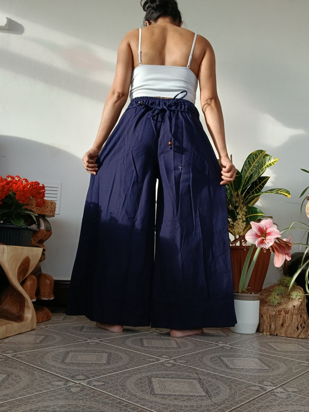 Blue navy cotton baggy wide leg elegant flowy trousers  Boho High-Waisted pants One size fits 8-10-12