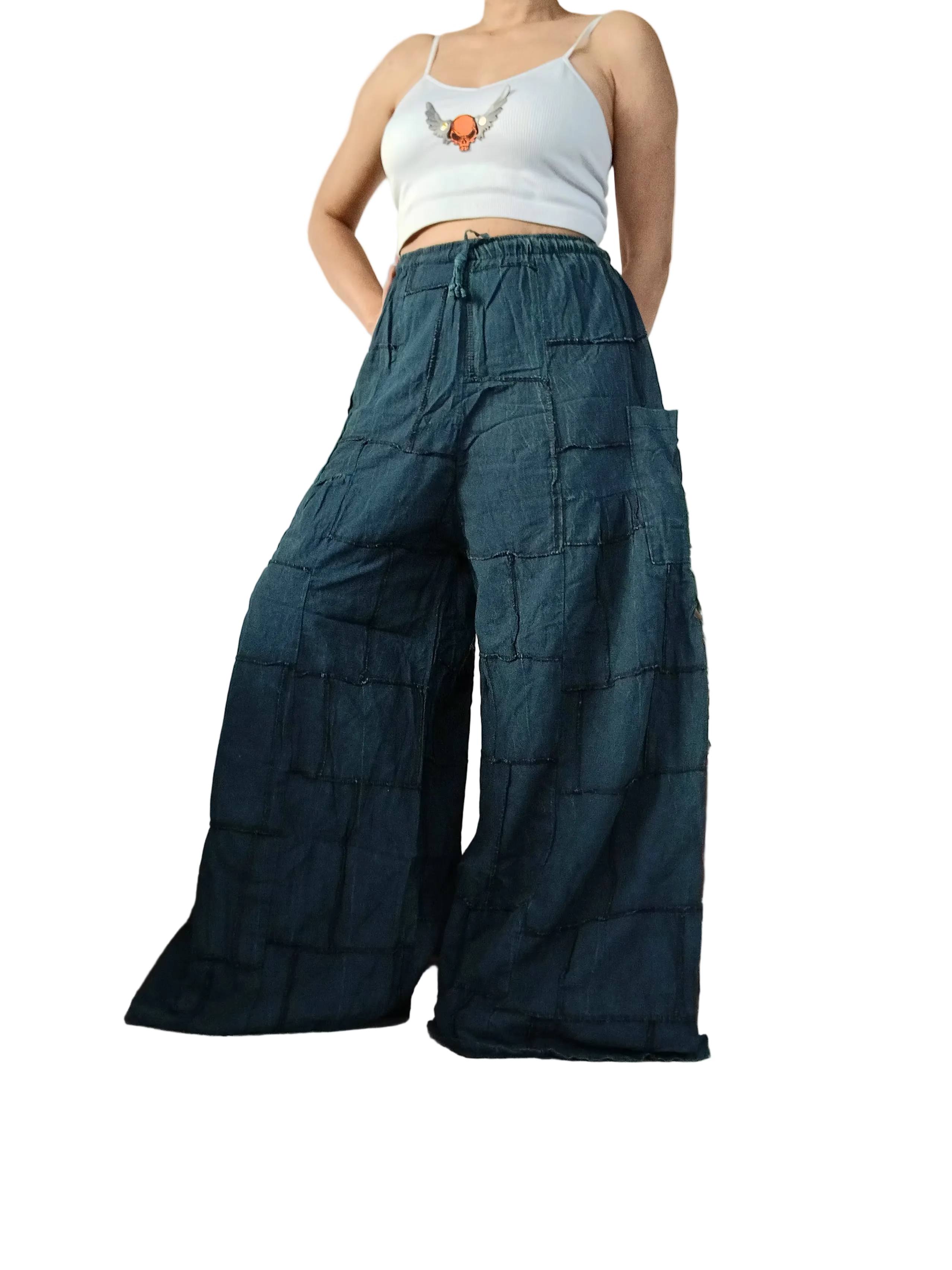 Cotton darkgreen turquoise patchwork Boho baggy harem pants wide leg palazzo flowy trousers for uk 8-10-12