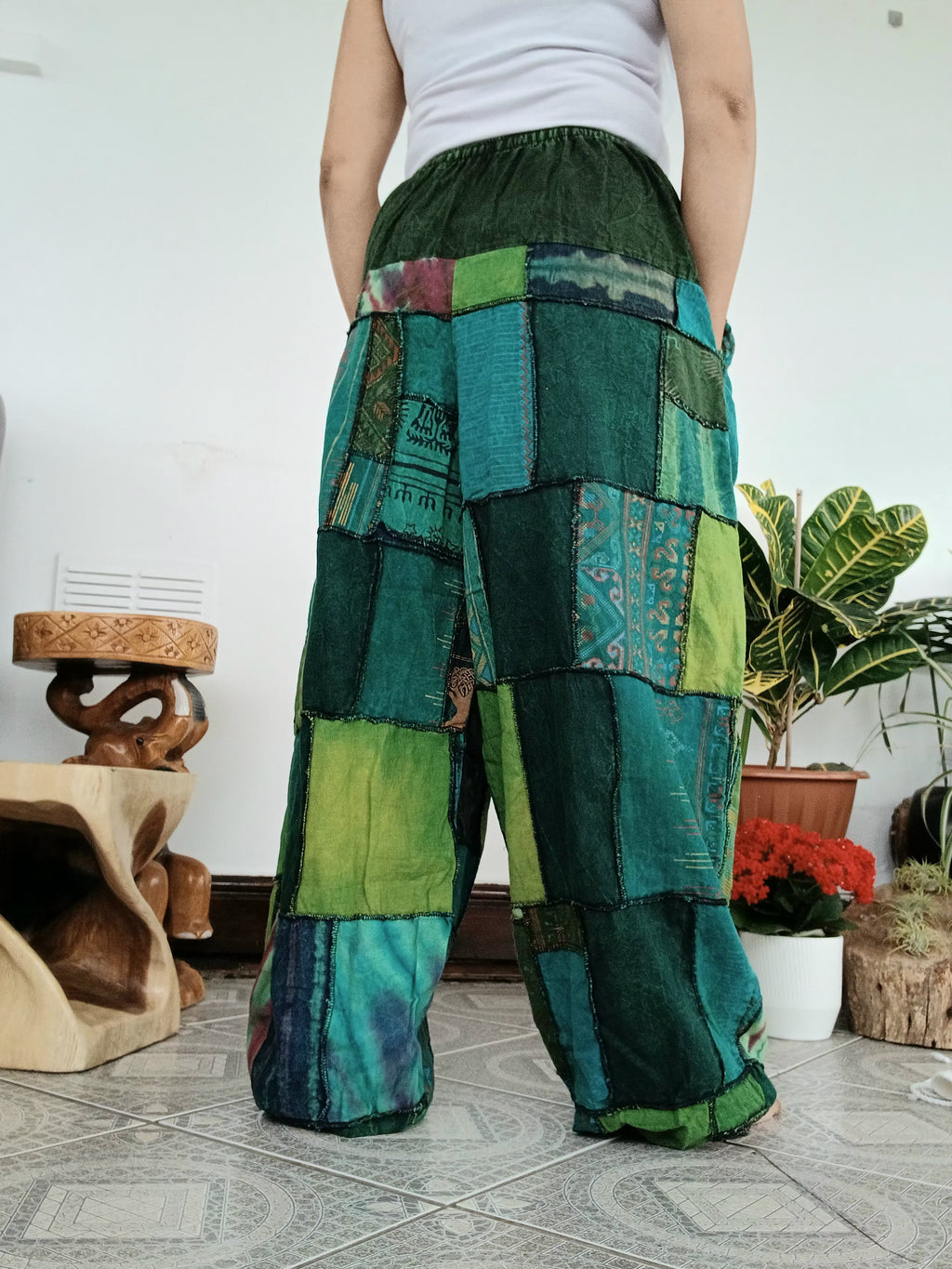 Cotton stonewash Emerald tones patchwork Boho baggy loose-fit trousers joggers harem hippie pants for unisex