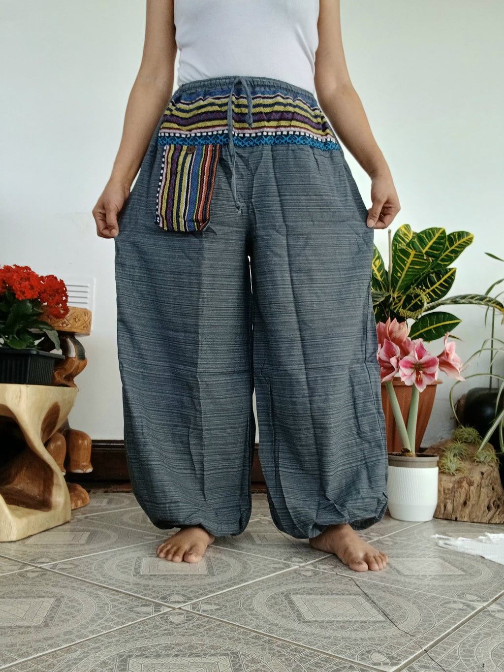 Boho Harem cotton Pants hippie relaxed fit trousers with Ethnic Pocket – Size S–L