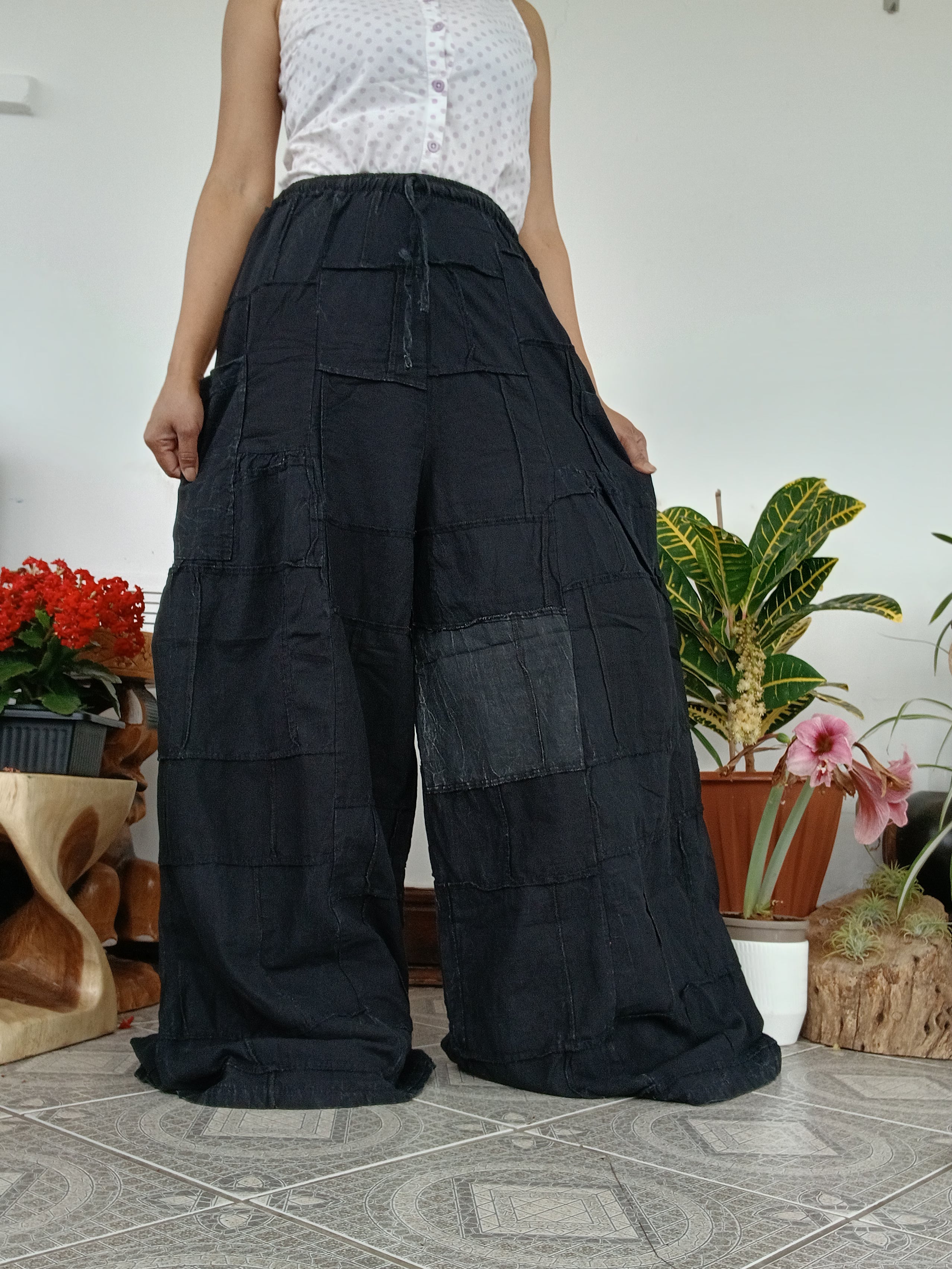 Patchwork Boho Wide-Leg Palazzo Pants – Stonewashed black Cotton one size fit 8-10-12