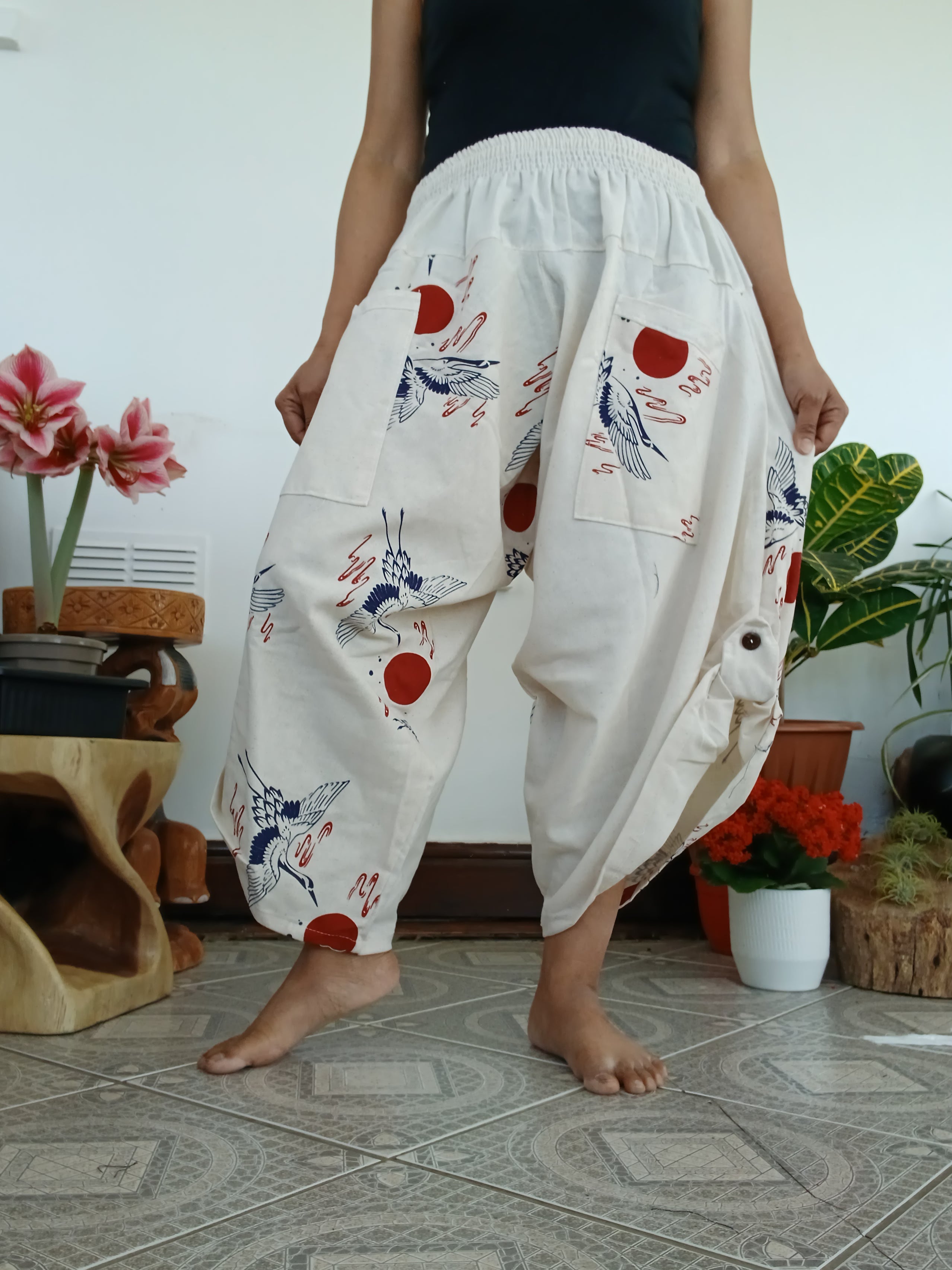 Cotton white Crane Japanese style boho harem pants wide leg hippie trousers one size fit 6-8-10