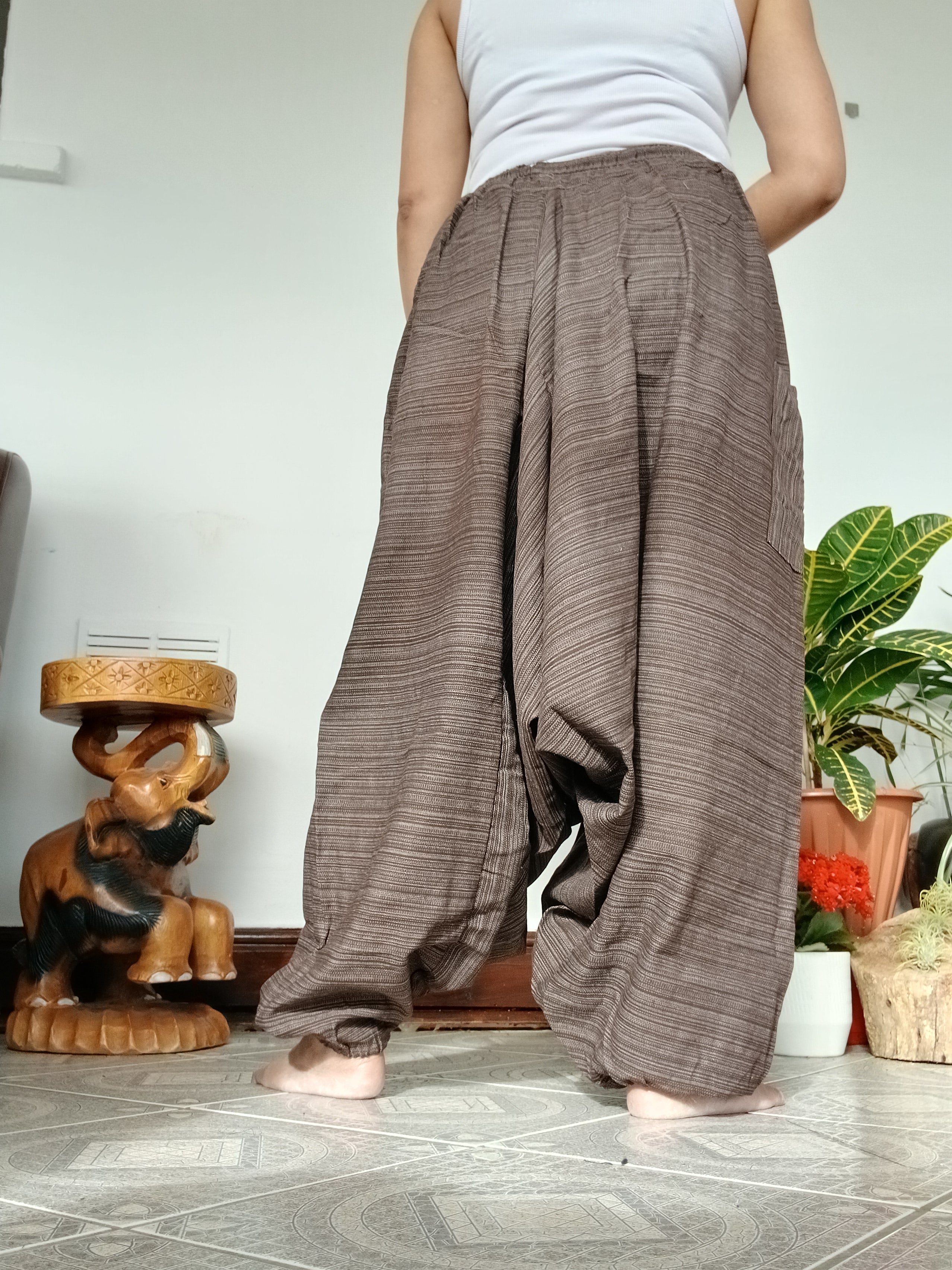 Unisex Brown cotton baggy wide leg harem pants hippie Boho meditation yoga relaxed fit trousers