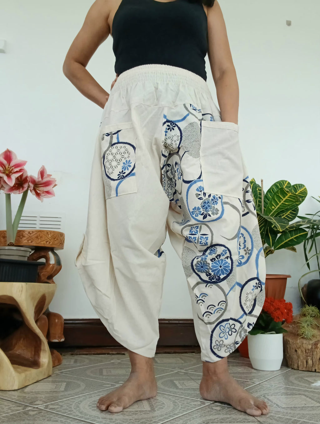 White cream Boho harem pants relaxed fit yoga meditation Aladdin trousers one size