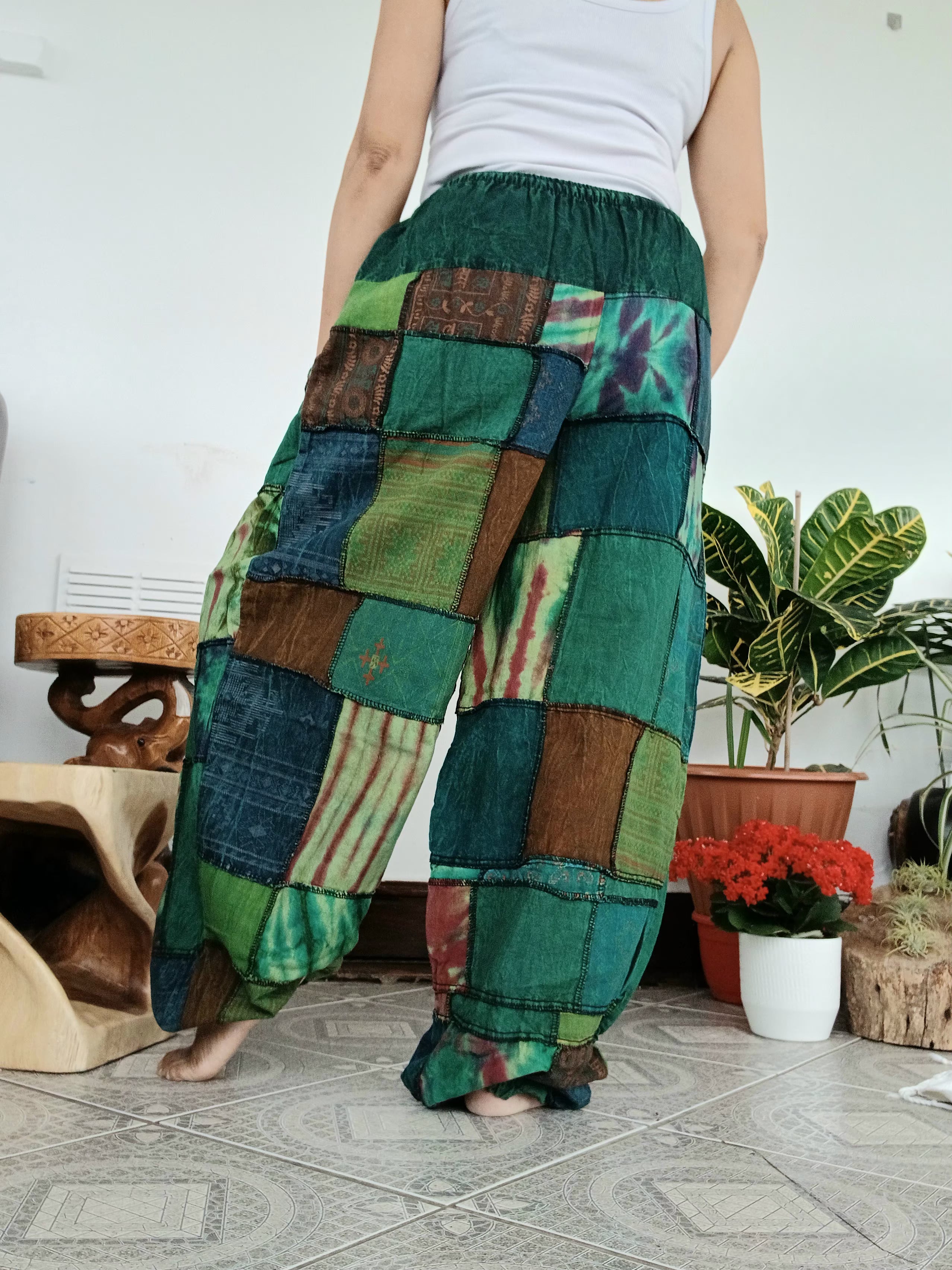 Cotton stonewash Emerald tones patchwork Boho baggy loose-fit trousers joggers harem hippie pants for unisex