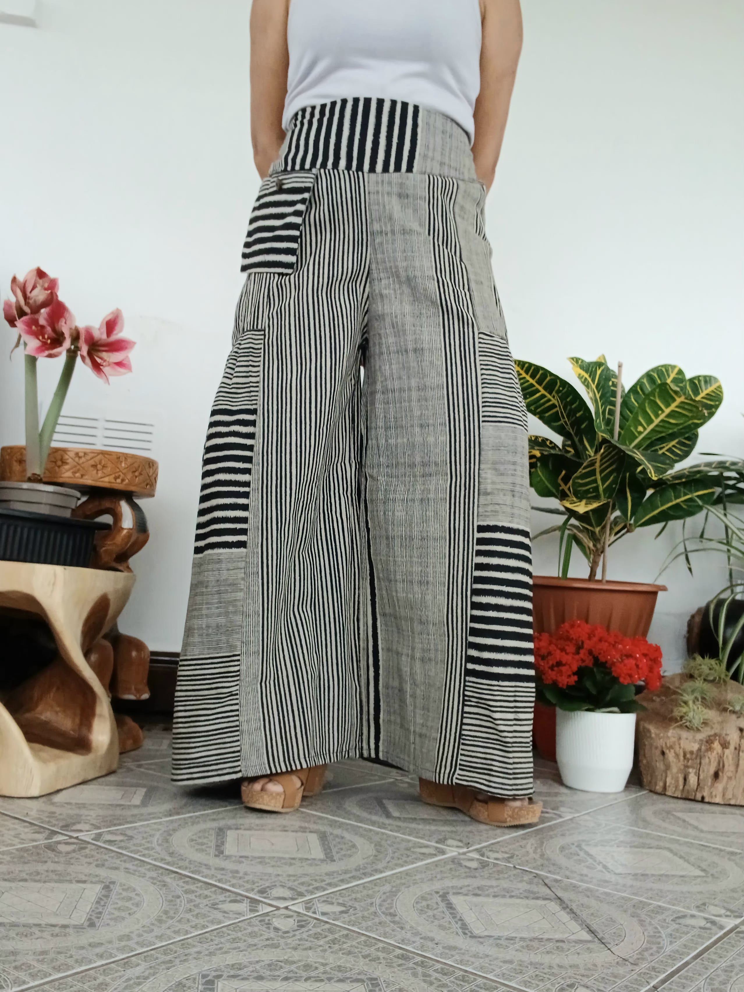 Black and white striped patchwork boho high-waisted trousers wide leg palazzo flowy harem pants One size fits 8-10-12