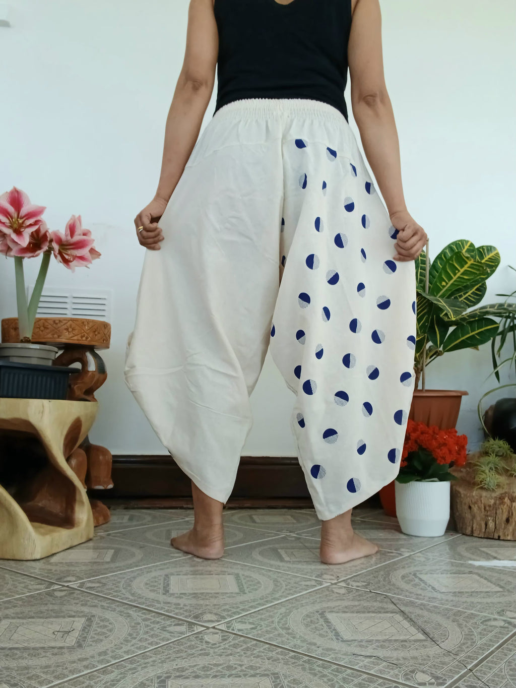 White Cream Polka Dot Ninja Samurai Style Harem Pants wide leg relaxed fit Boho trousers one size