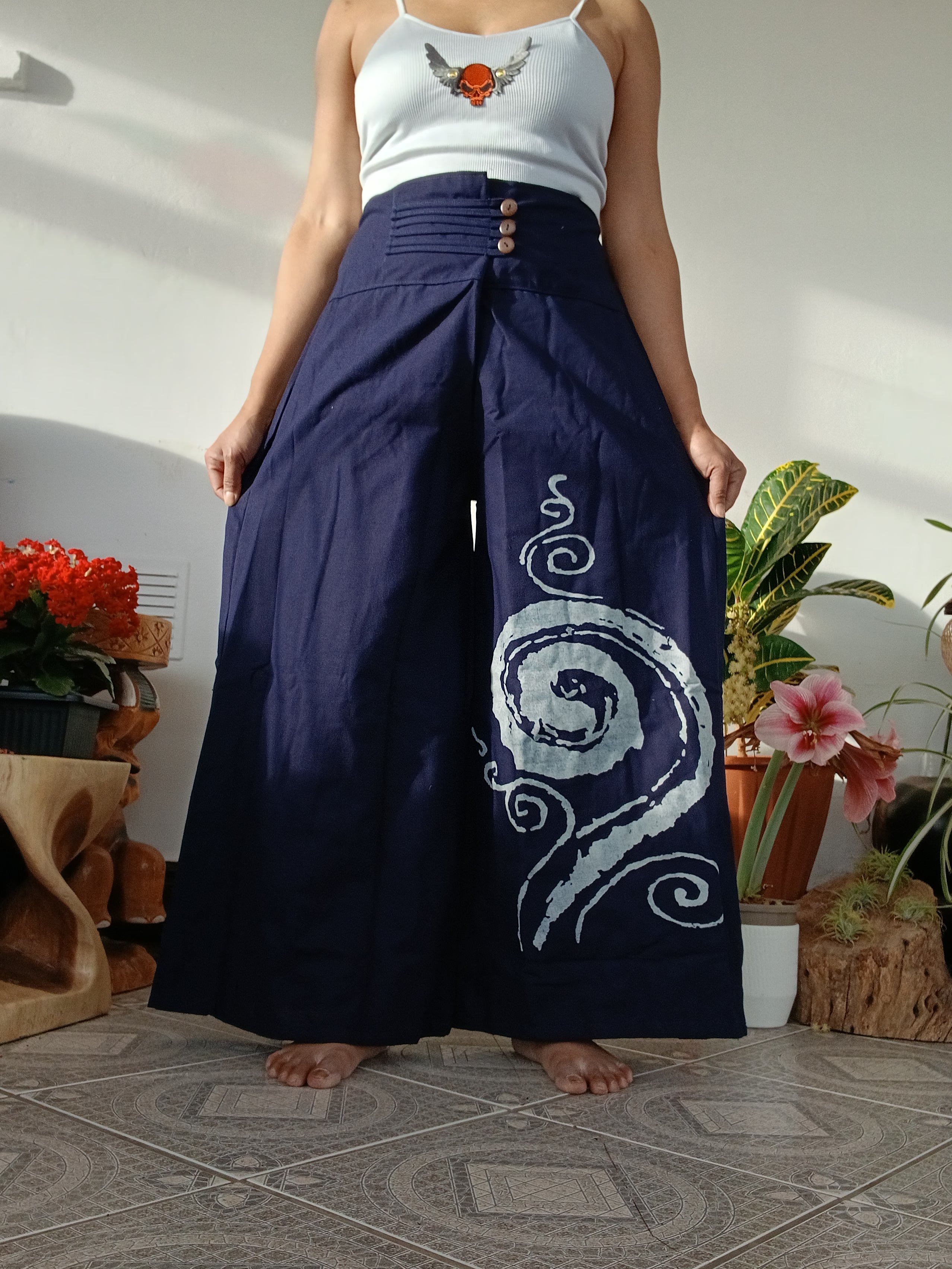 Blue navy cotton baggy wide leg elegant flowy trousers  Boho High-Waisted pants One size fits 8-10-12