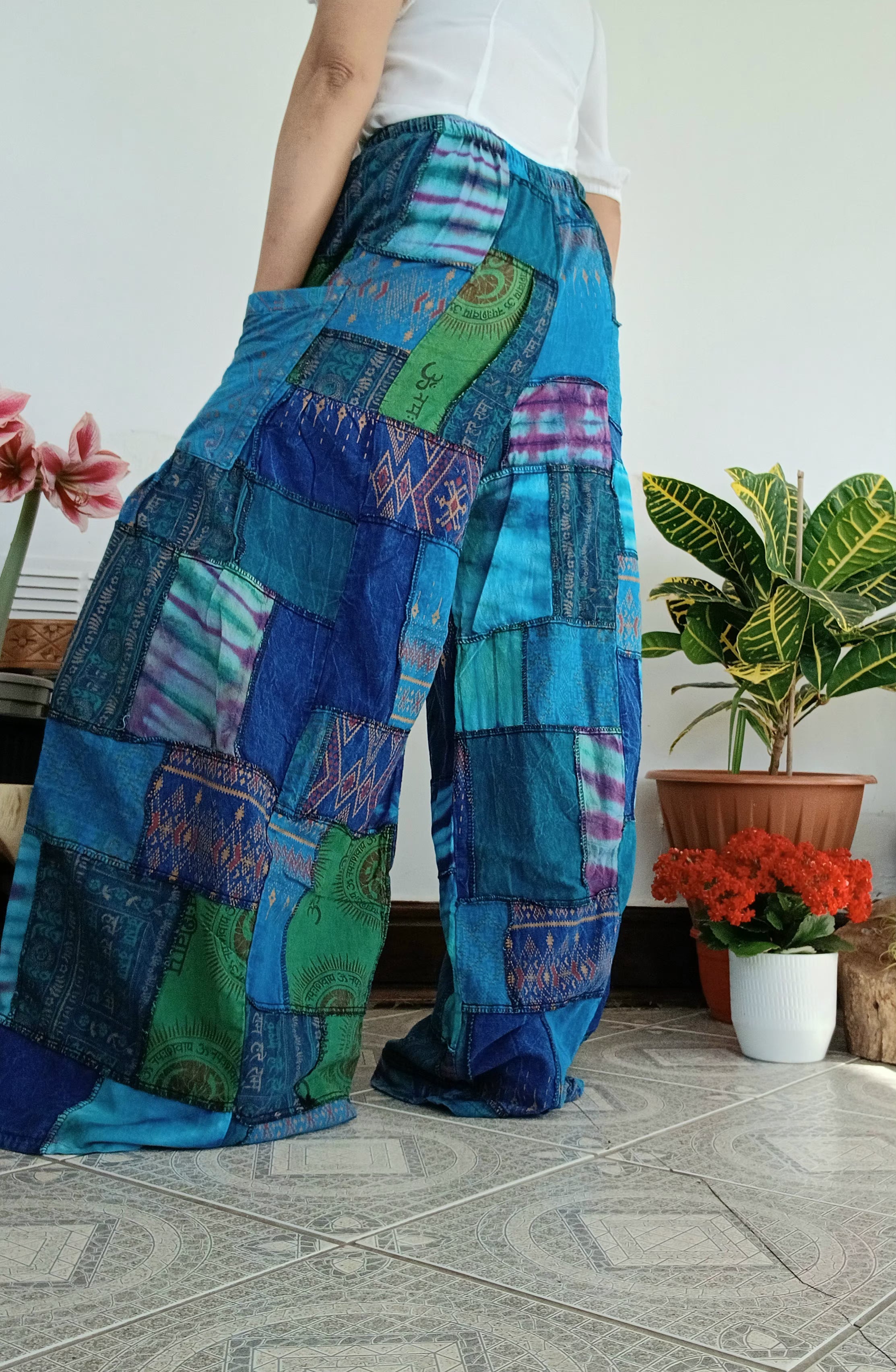 Blue Ocean tones patchwork Boho Wide-Leg hippie Harem Pants baggy Unique trousers for 8-12